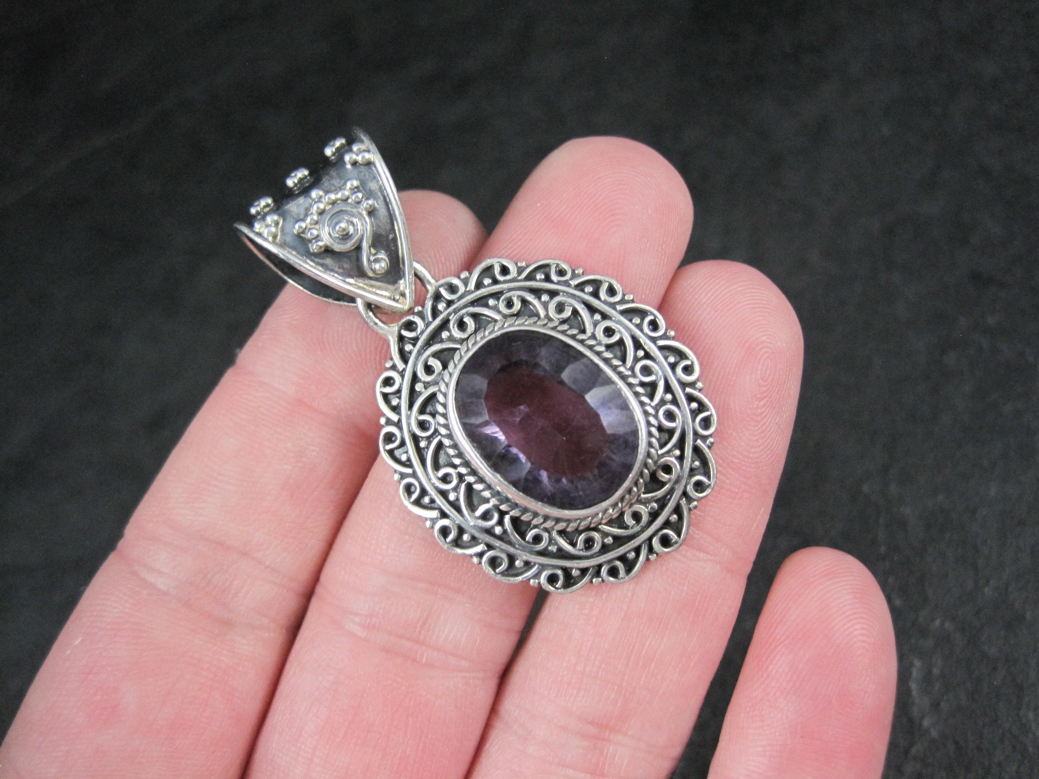 Large Ornate Sterling Silver 6 Carat Amethyst Pendant For Sale 3