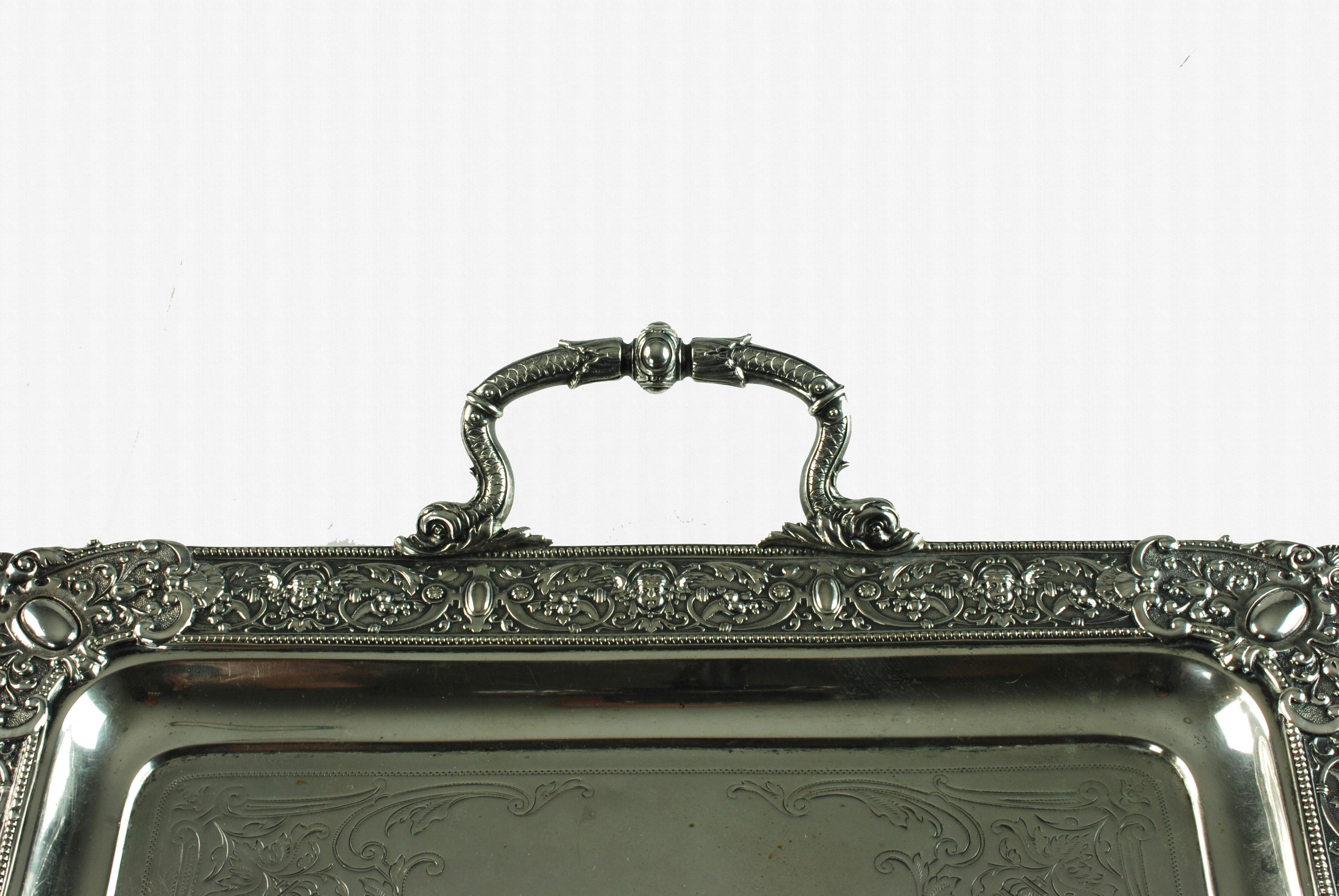 20th Century Large Ornate Sterling Silver Rectangular Butler Serving Tray Renaissance Revival For Sale