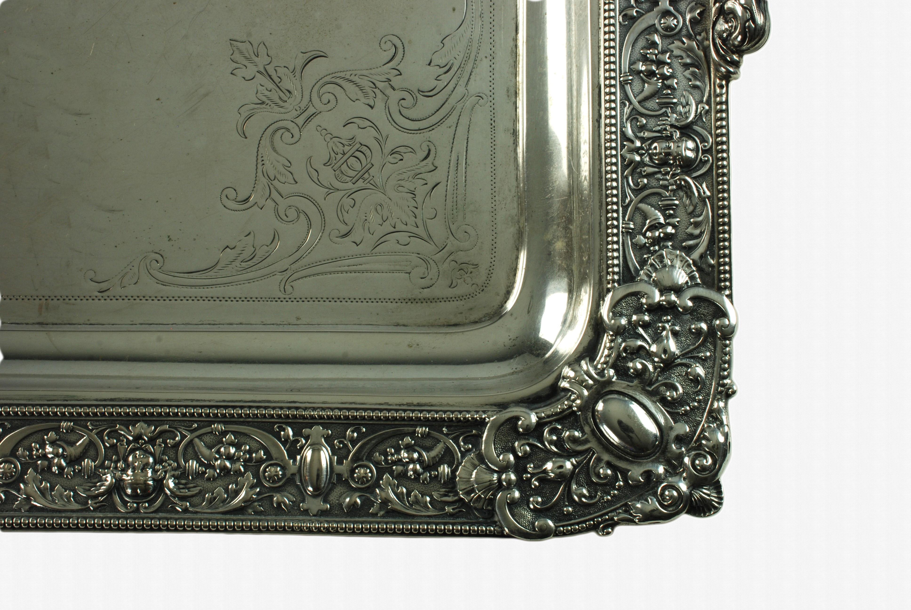 Large Ornate Sterling Silver Rectangular Butler Serving Tray Renaissance Revival For Sale 2