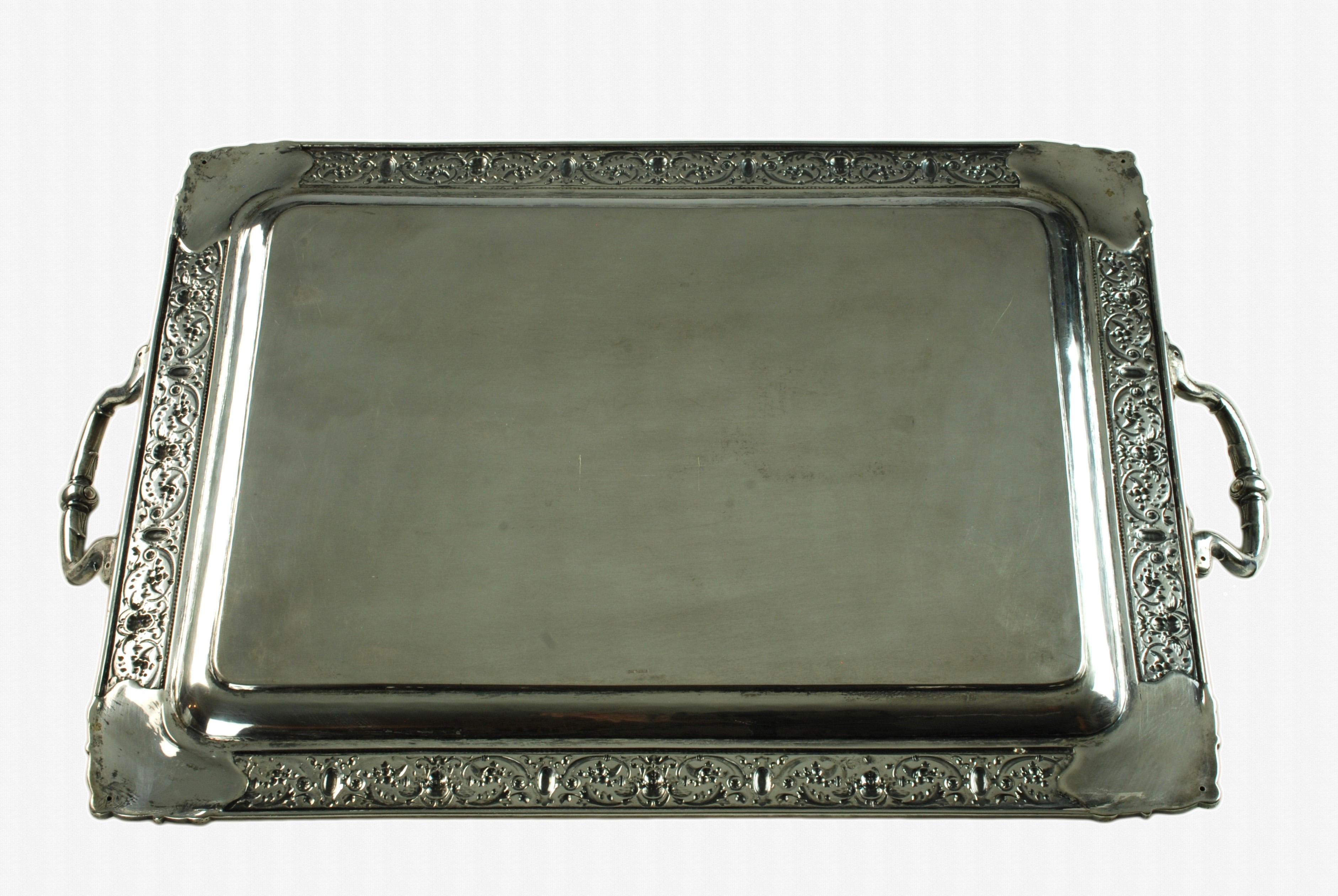 Large Ornate Sterling Silver Rectangular Butler Serving Tray Renaissance Revival For Sale 4