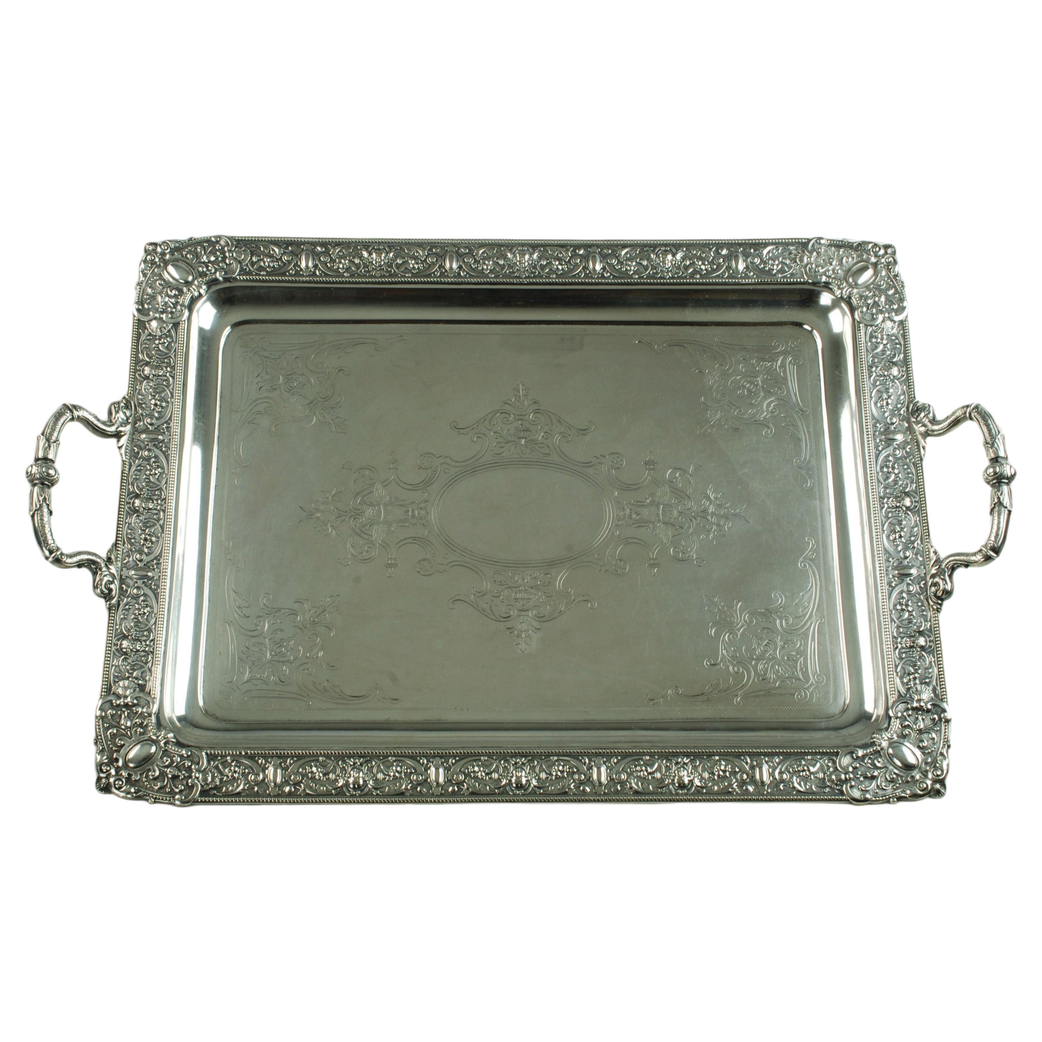 Large Ornate Sterling Silver Rectangular Butler Serving Tray Renaissance Revival For Sale