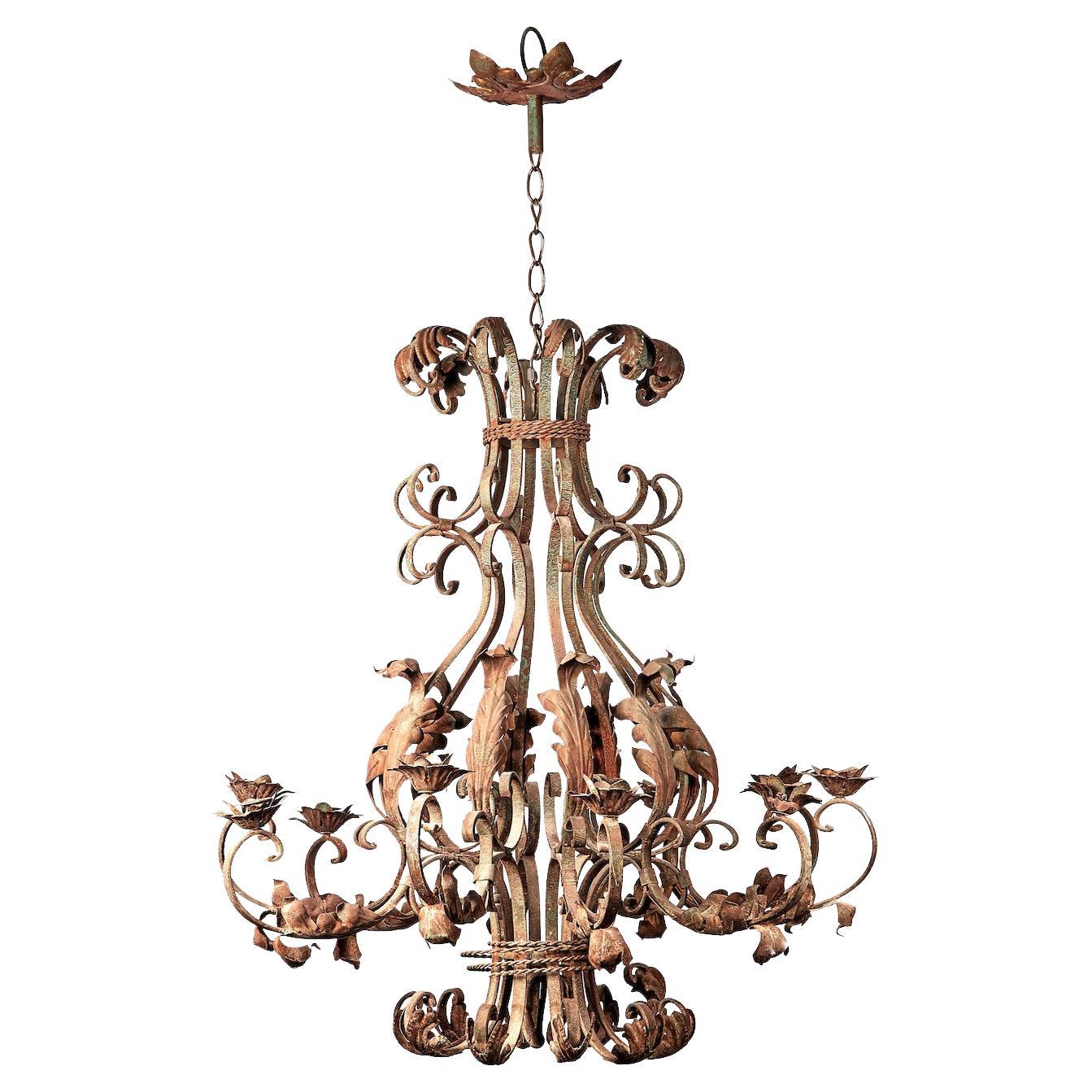 Large Ornate Ten Branch Iron Chandelier, French, circa 1930s