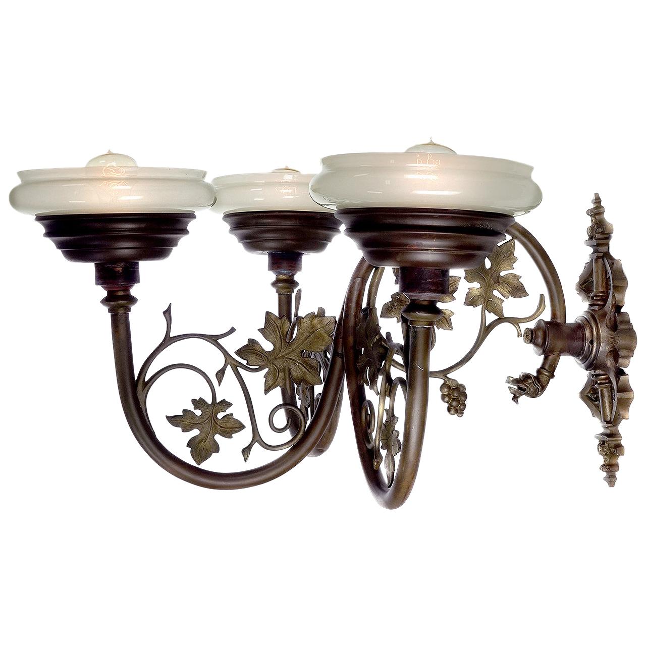 Large Ornate Triple Vaseline Glass Sconce