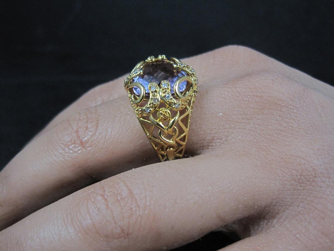 Large Ornate Vermeil Sterling 6 Carat Amethyst Diamond Ring Size 8 For Sale 4