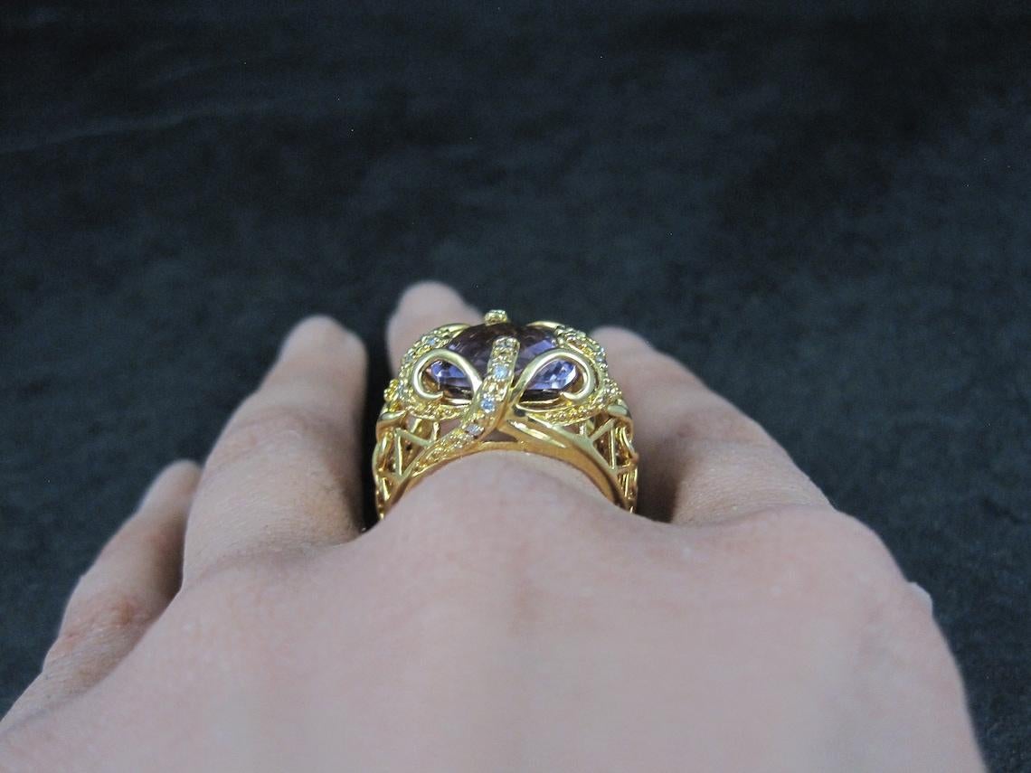 Large Ornate Vermeil Sterling 6 Carat Amethyst Diamond Ring Size 8 For Sale 5