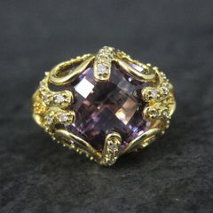 Large Ornate Vermeil Sterling 6 Carat Amethyst Diamond Ring Size 8