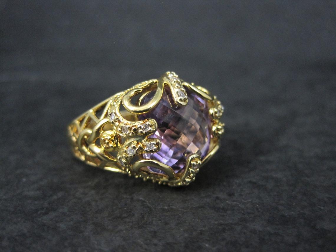 Art Nouveau Large Ornate Vermeil Sterling 6 Carat Amethyst Diamond Ring Size 8 For Sale