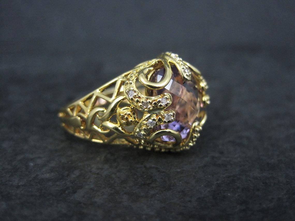 Mixed Cut Large Ornate Vermeil Sterling 6 Carat Amethyst Diamond Ring Size 8 For Sale