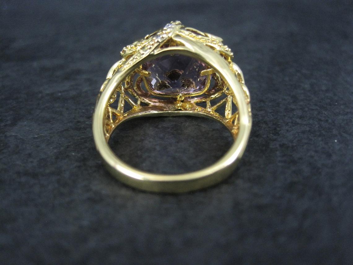 Women's Large Ornate Vermeil Sterling 6 Carat Amethyst Diamond Ring Size 8 For Sale