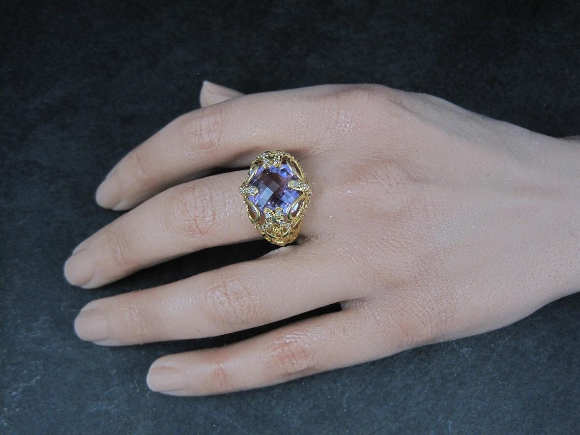 Large Ornate Vermeil Sterling 6 Carat Amethyst Diamond Ring Size 8 For Sale 2
