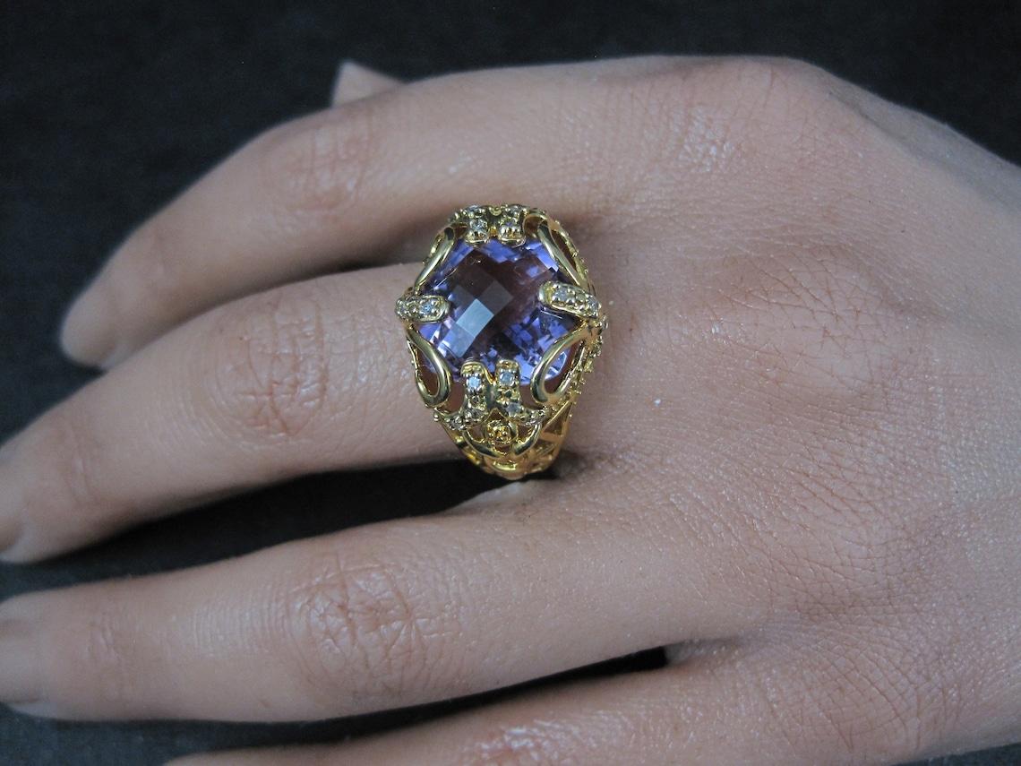 Large Ornate Vermeil Sterling 6 Carat Amethyst Diamond Ring Size 8 For Sale 3