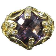 Large Ornate Vermeil Sterling 6 Carat Amethyst Diamond Ring Size 8