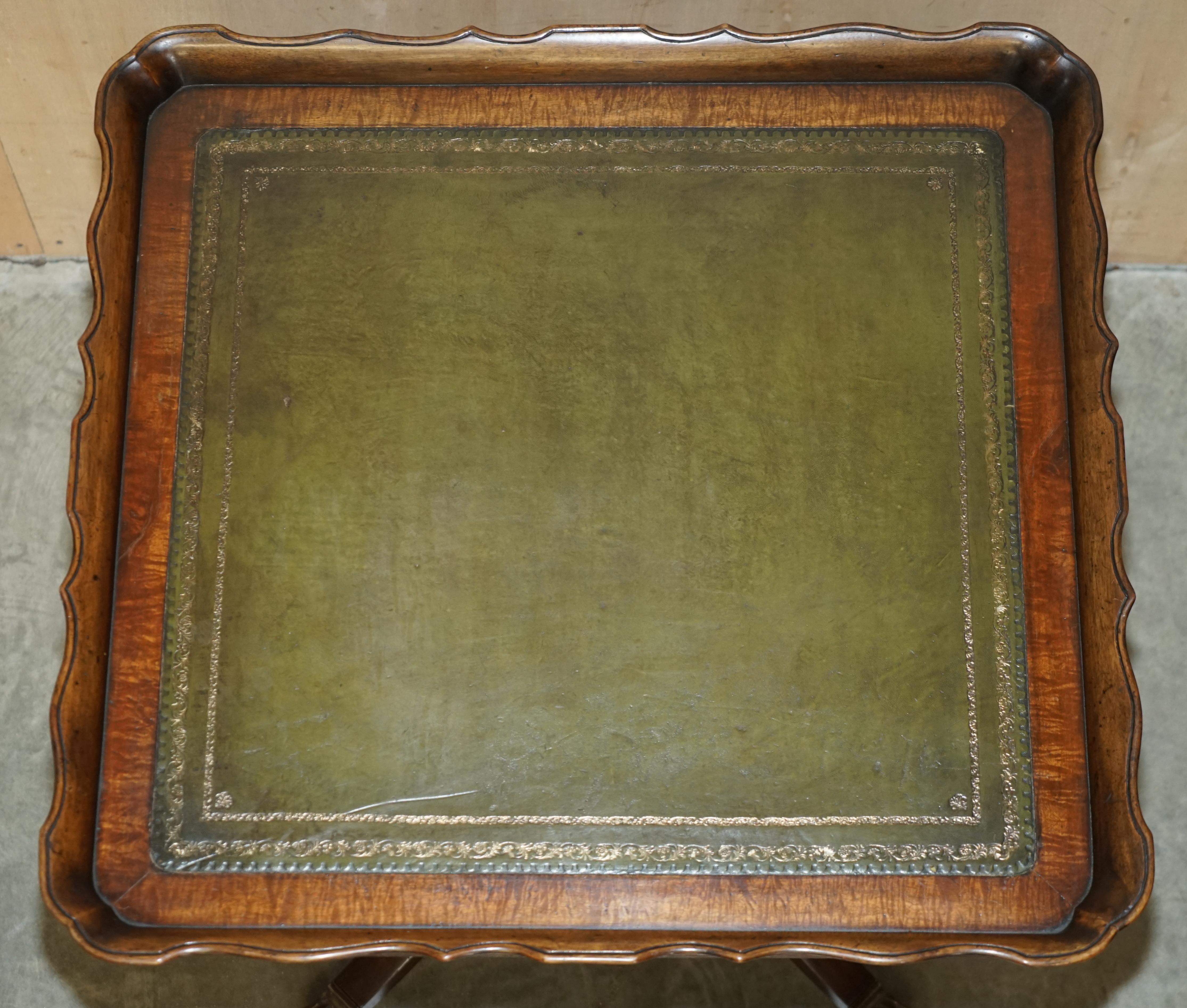 Large Ornately Carved Antique Hardwood & Green Leather Tilt Top Centre Table For Sale 6