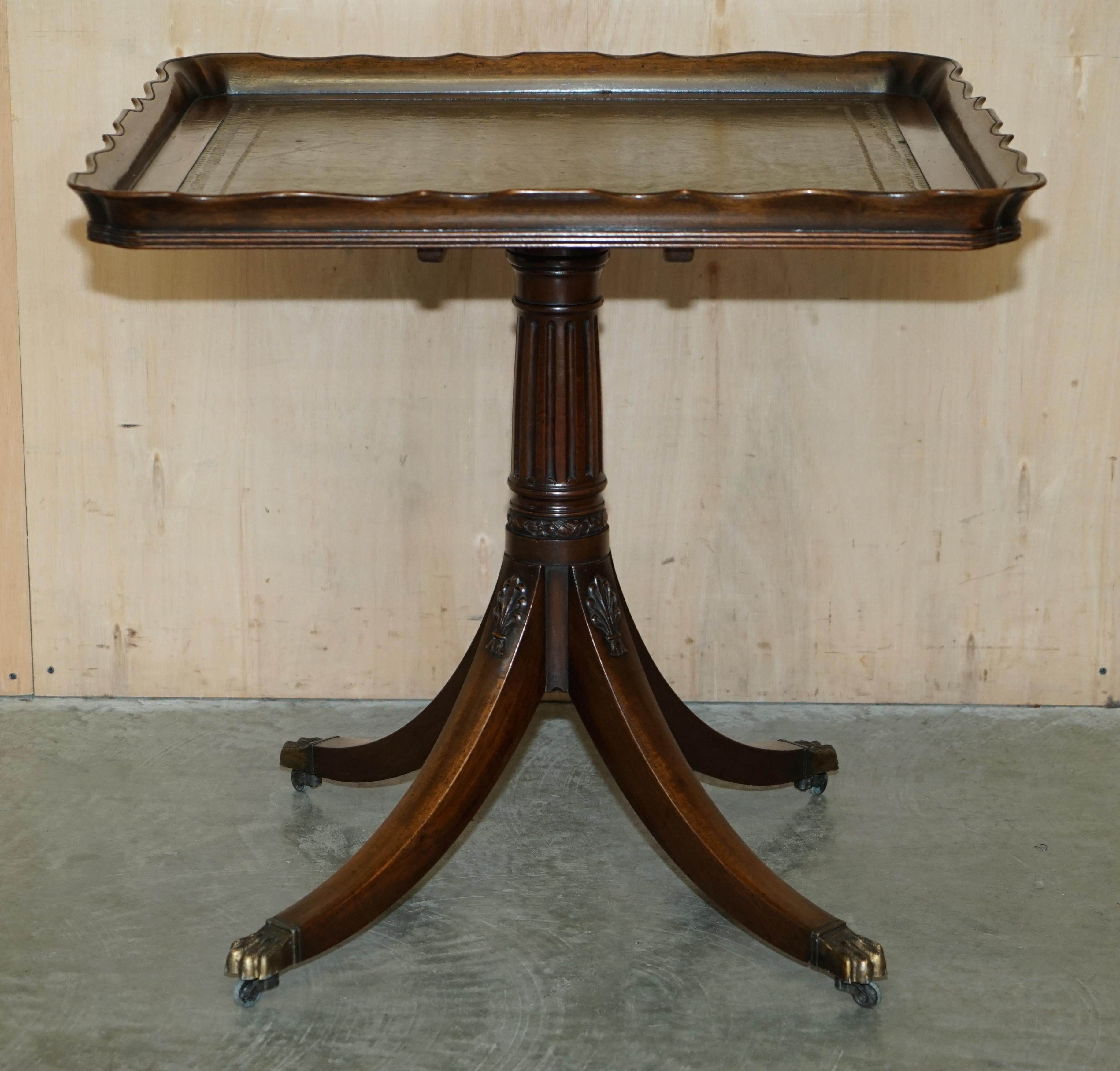 Victorian Large Ornately Carved Antique Hardwood & Green Leather Tilt Top Centre Table For Sale