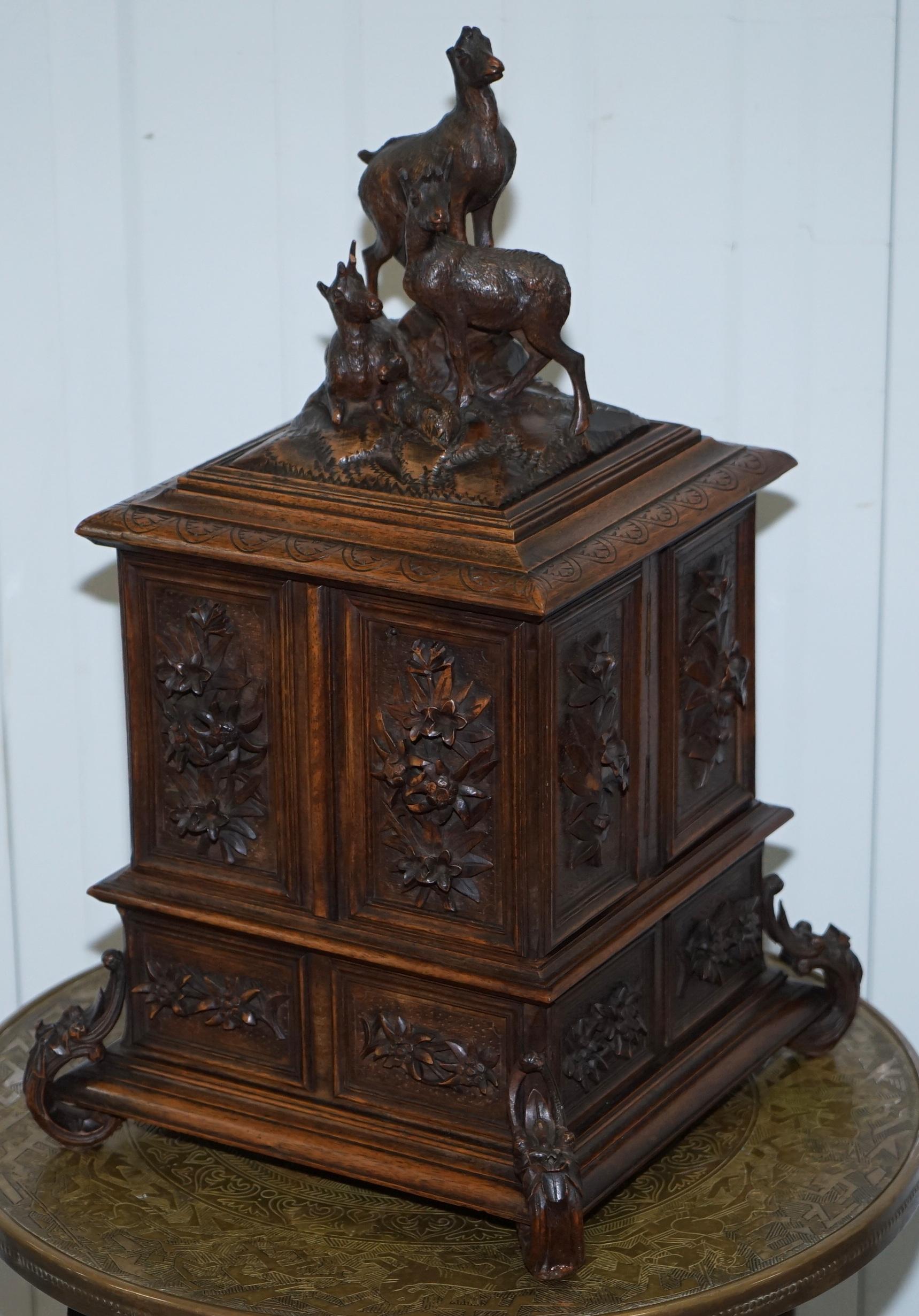 English Large Ornately Carved Black Forest 19th Century Jewellery Box Chesterfield Silk