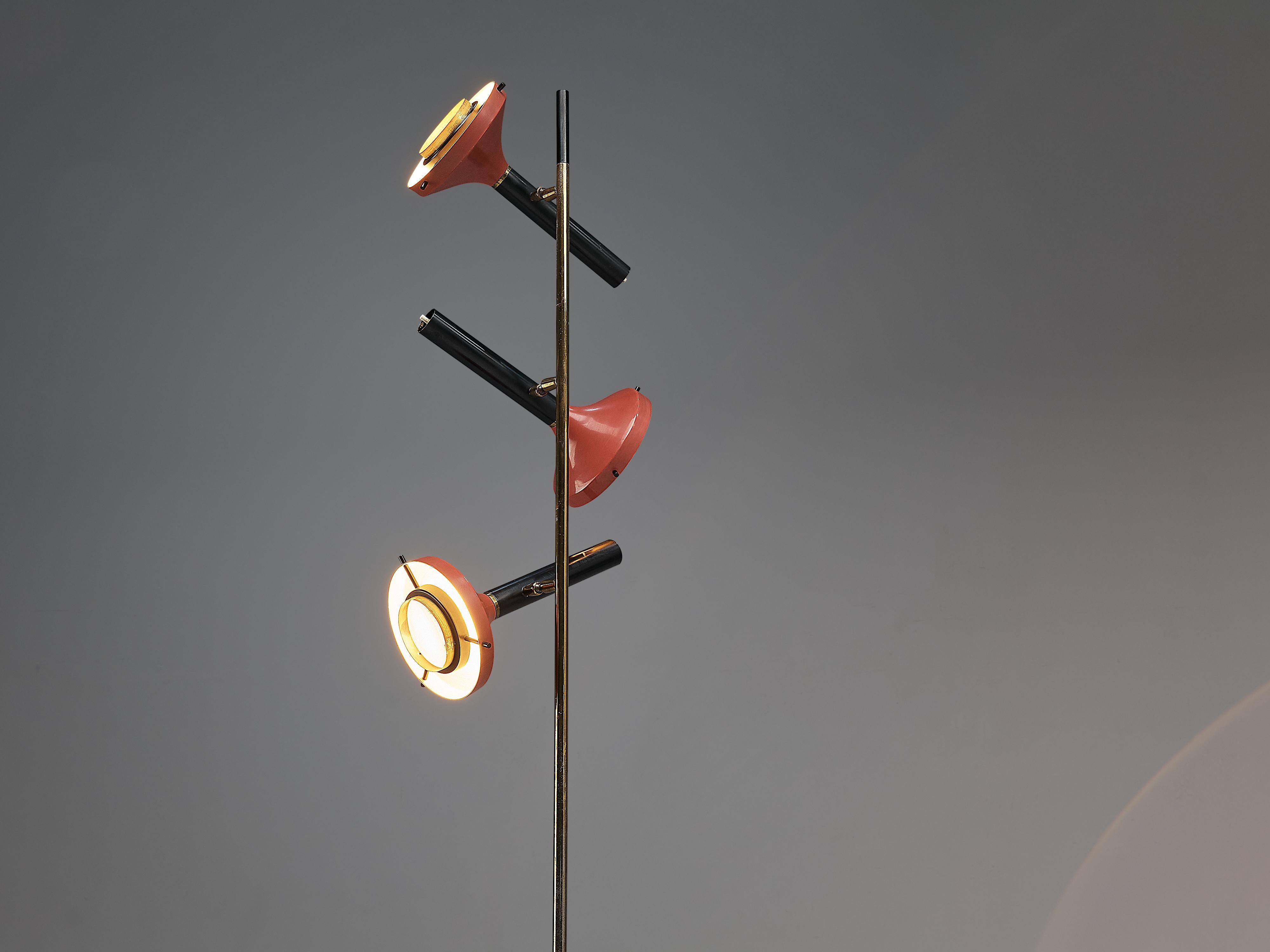 Post-Modern Large Oscar Torlasco for Lumi Floor Lamp with Red Shades in Brass