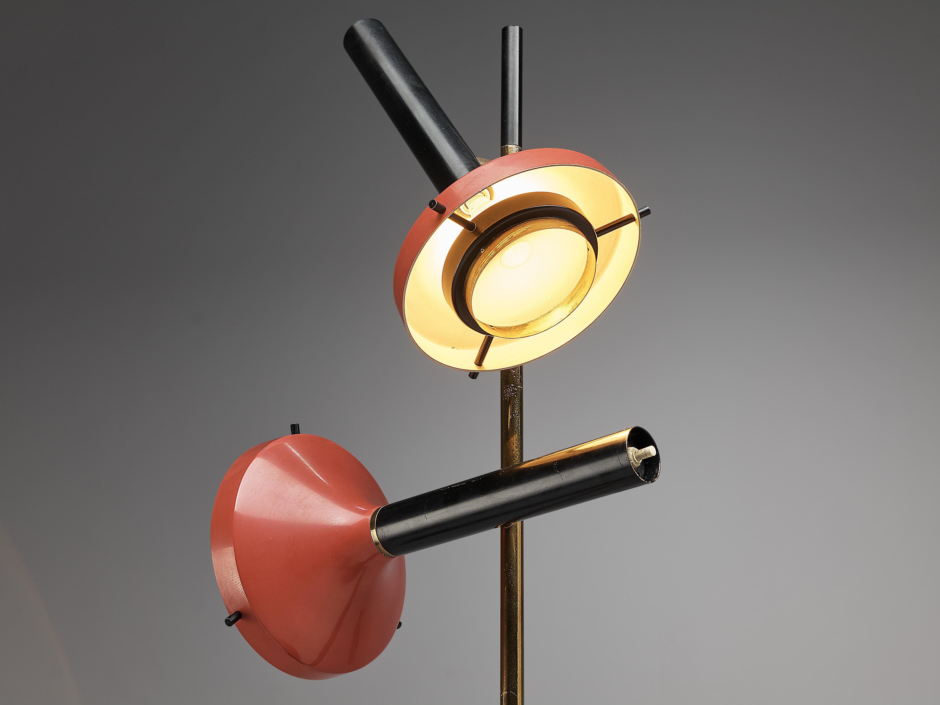 Italian Large Oscar Torlasco for Lumi Floor Lamp with Red Shades in Brass