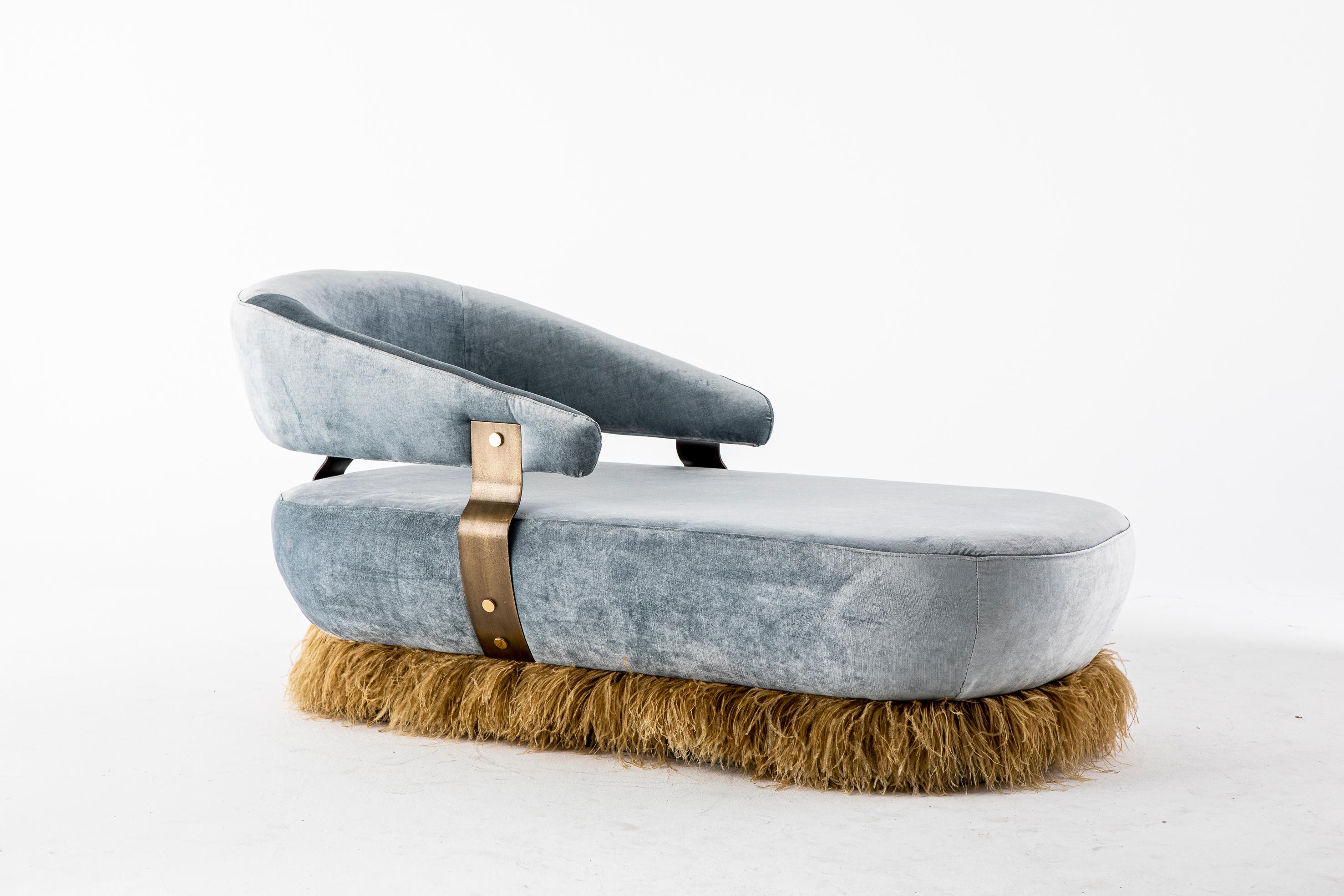 Large Ostrich Fluff Daybed by Egg Designs
Dimensions: 165 L X 79 D X 85 H cm
Materials: Bronze Coated Steel, Brass, Ostrich Feather Trim, Velvet Upholstery

Founded by South Africans and life partners, Greg and Roche Dry - Egg is a unique
