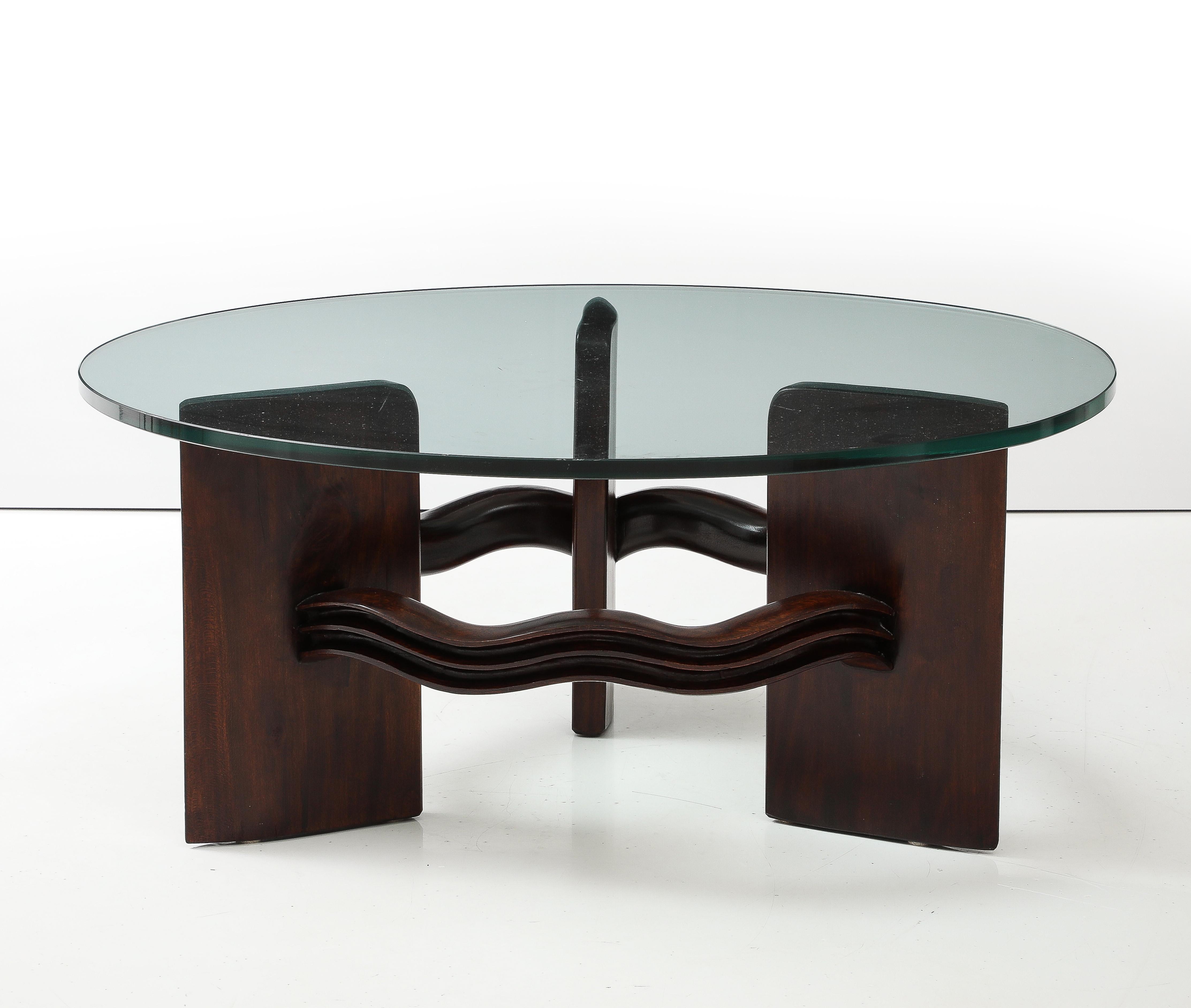 Legno Grande tavolo da cocktail circolare in Wood Wood e vetro di Osvaldo Borsani in vendita