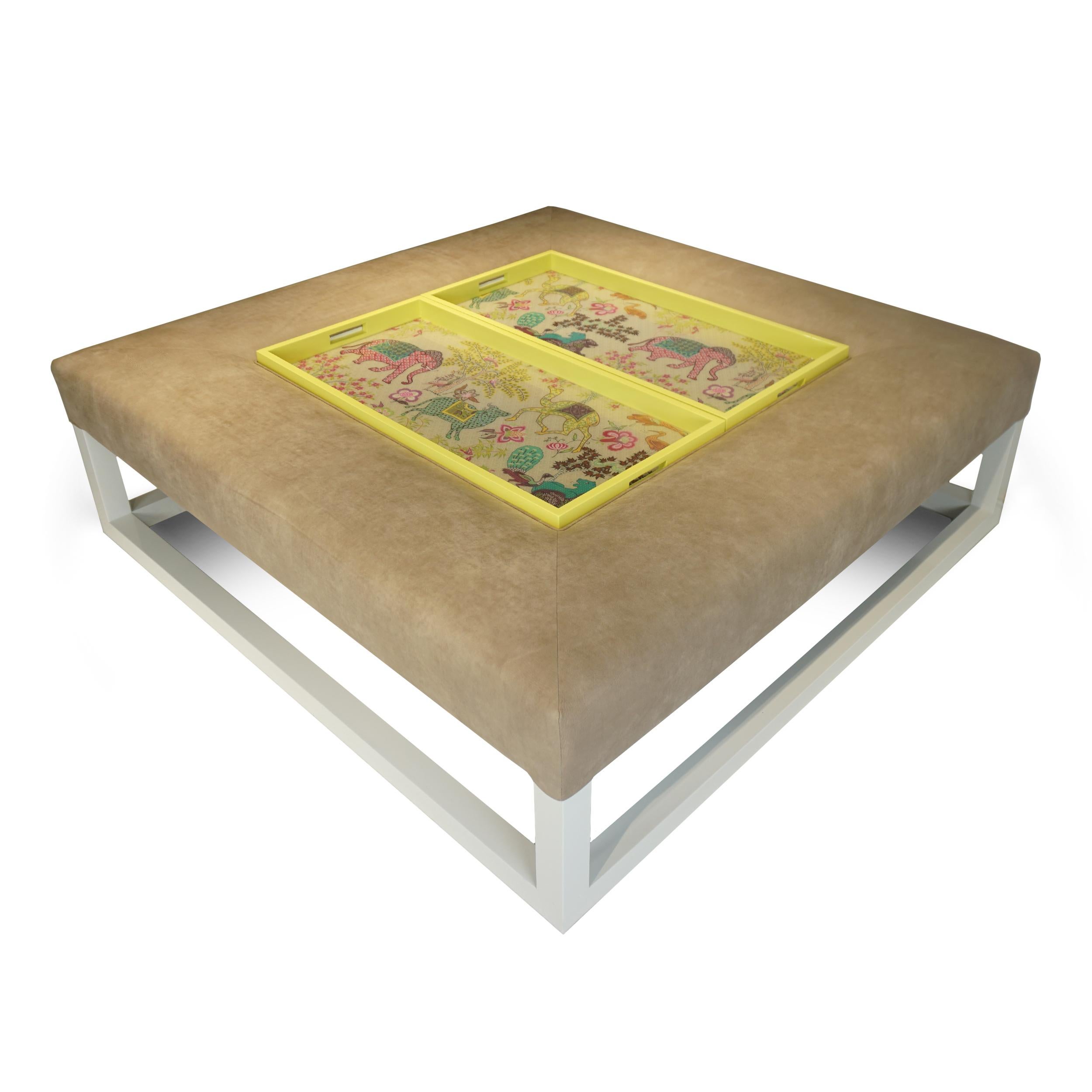 Large Ottoman/Coffee Table with Italian Leather & Lacquered Legs & Recessed Tray For Sale 1