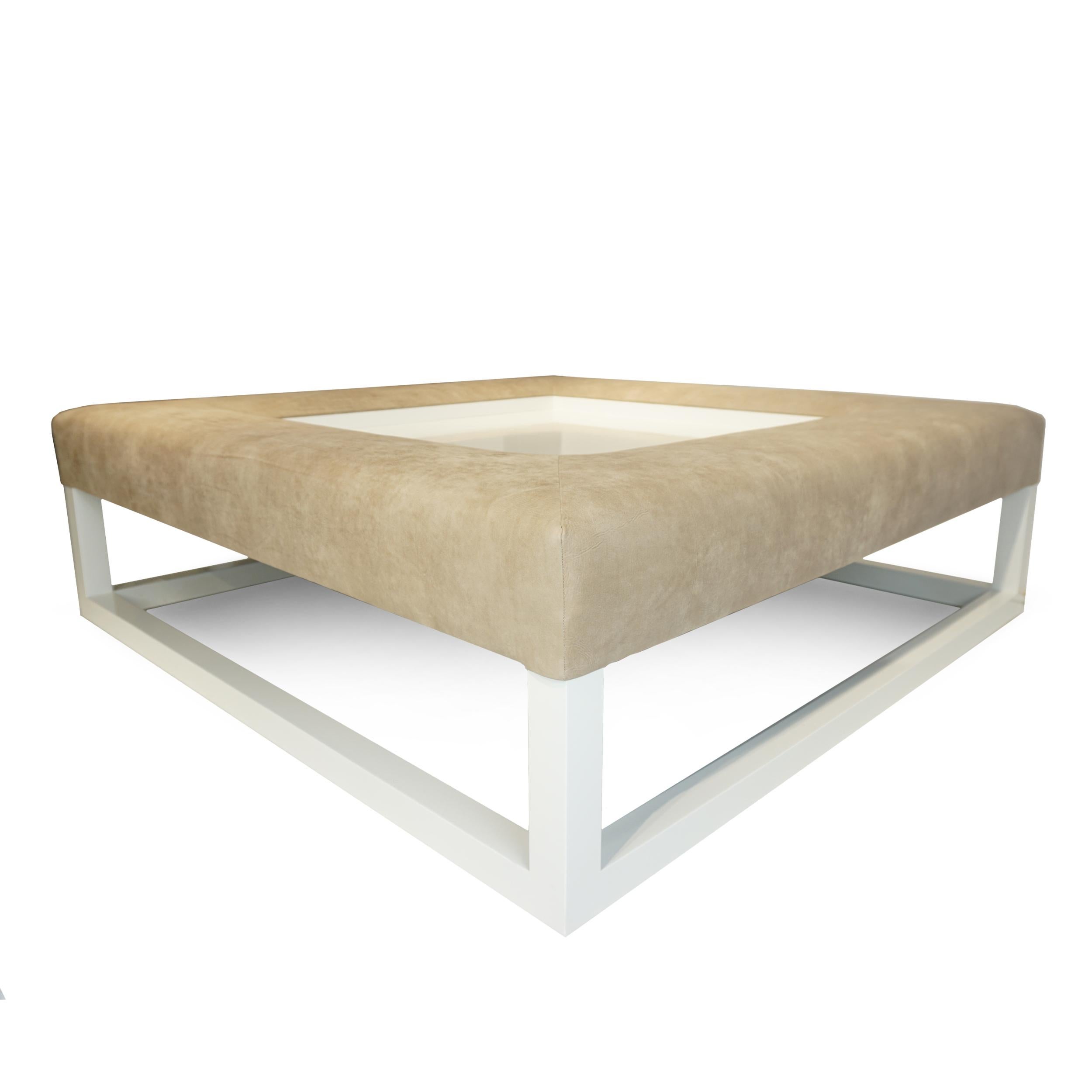 White lacquered solid hard maple 12-inch high frame topped with deep soft Italian leather upholstered bumper that is 6.5-inches high by 12- inches deep surrounds a 36” x 36” recessed white lacquered stationary tray. Fully customizable in size, wood