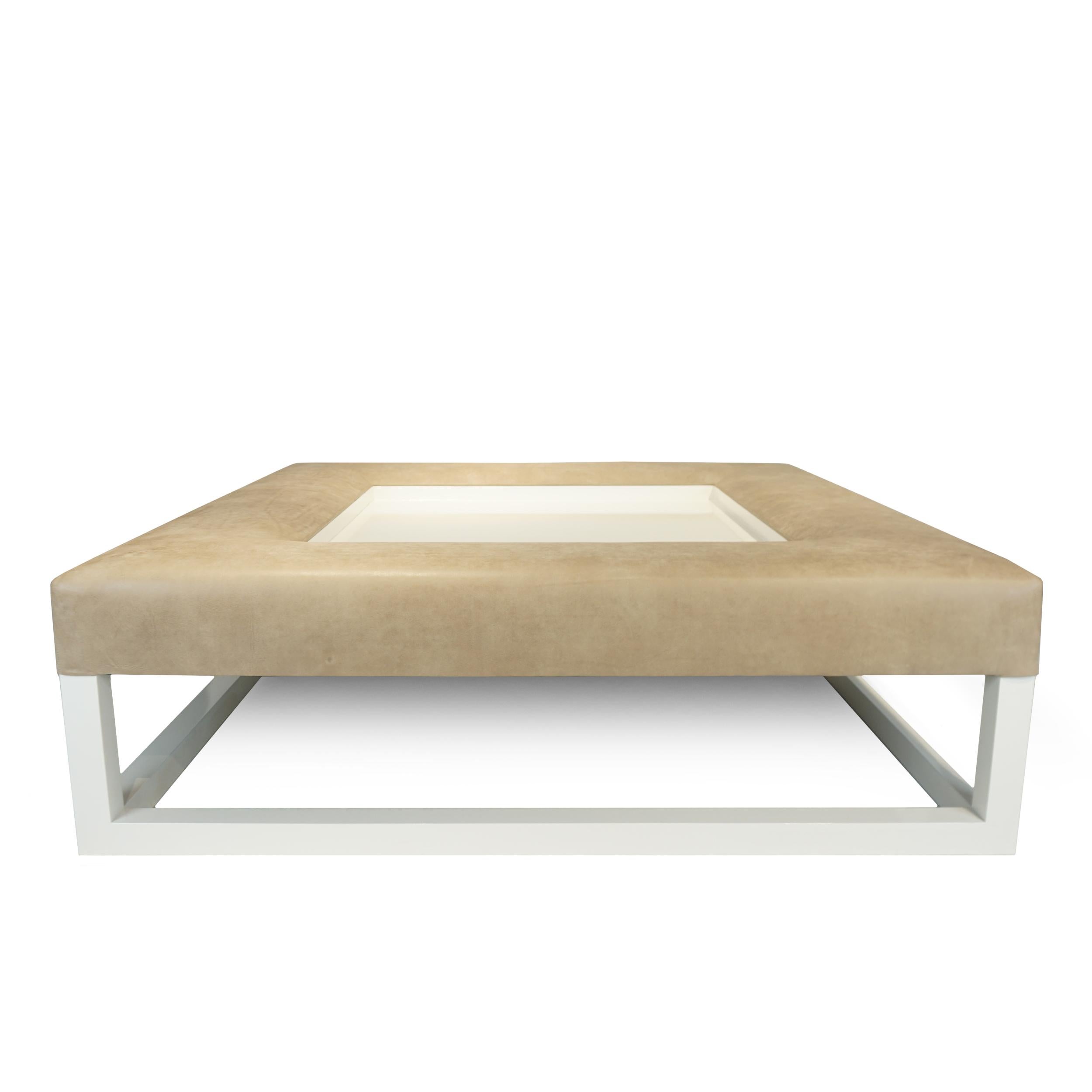 Modern Large Ottoman/Coffee Table with Italian Leather & Lacquered Legs & Recessed Tray For Sale