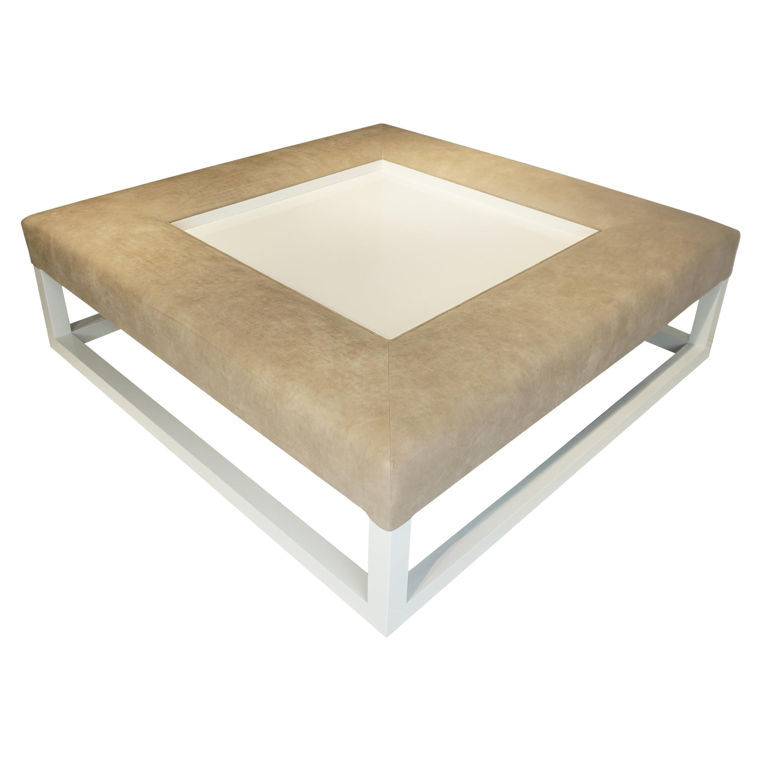 Large Ottoman/Coffee Table with Italian Leather & Lacquered Legs & Recessed Tray For Sale