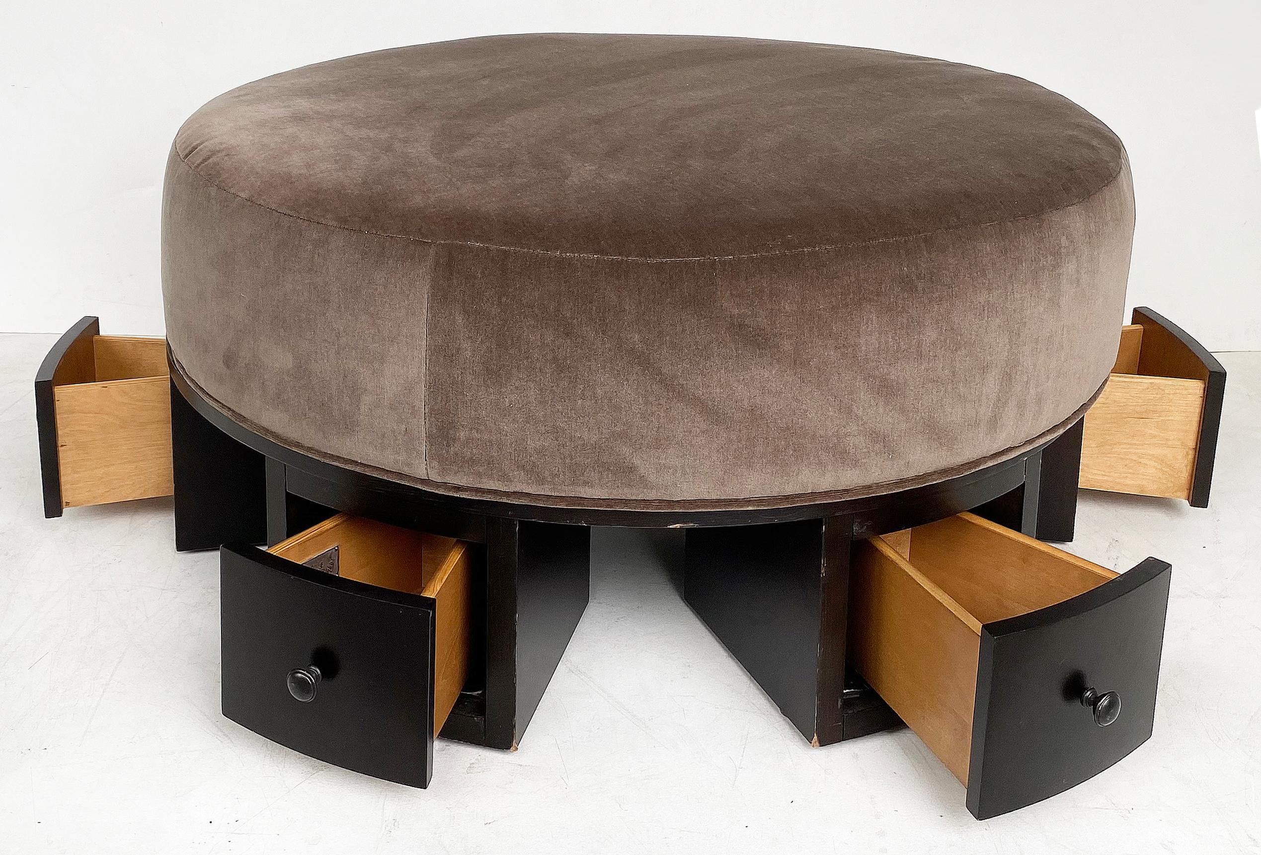 Large ottoman pouf with drawers base by Hotel Maison

Offered for sale is an unusual overscale round ottoman in velvet that is supported upon a base that has wood drawers with pulls that surround the piece. The drawers offer storage and one