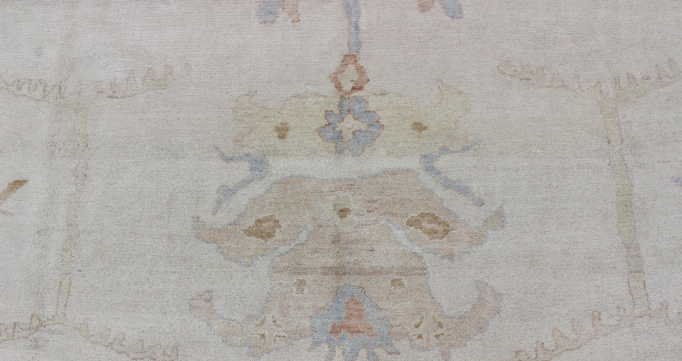 Large Oushak Rug in Blue, Light Brown, and White 4