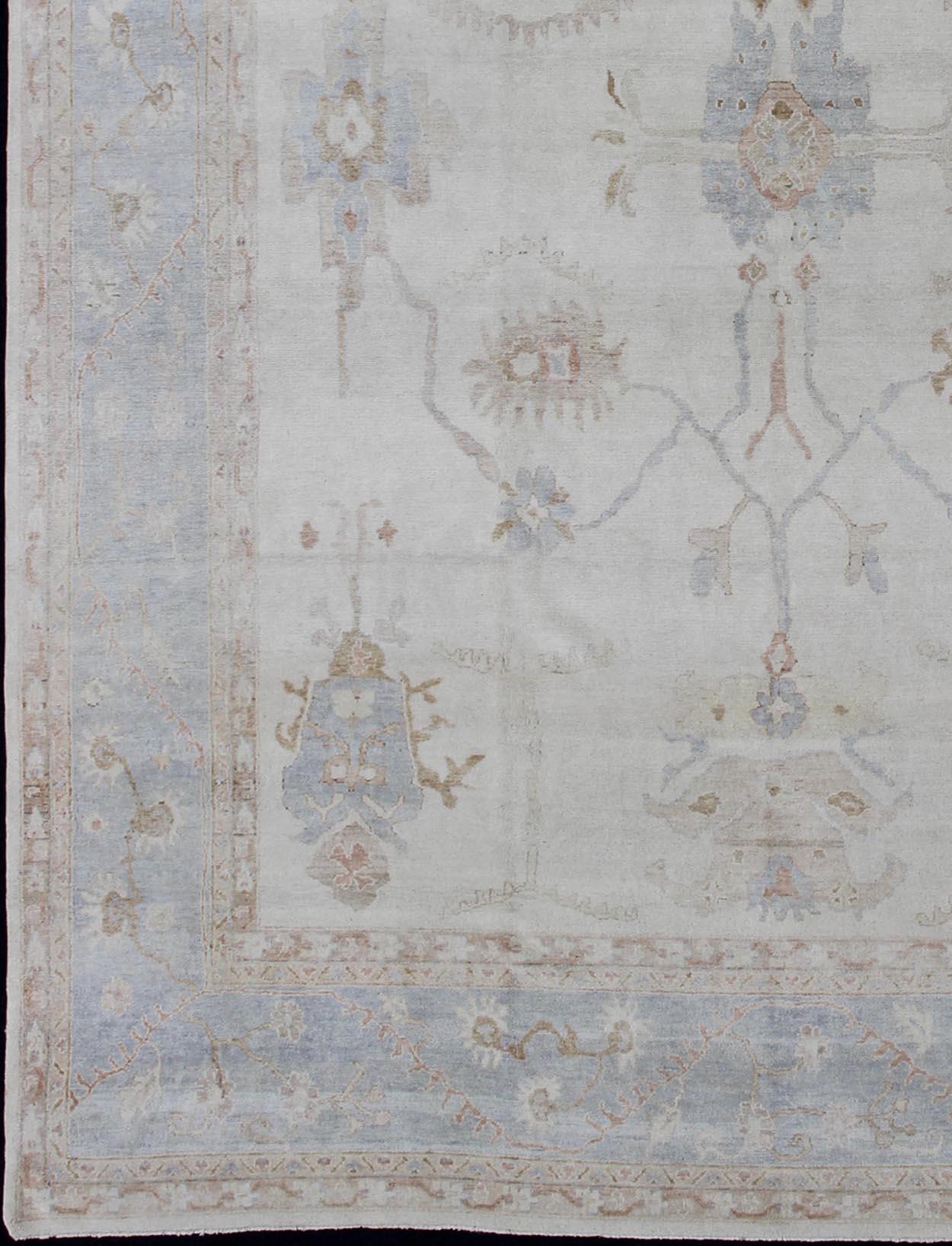 Indian Large Oushak Rug in Blue, Light Brown, and White