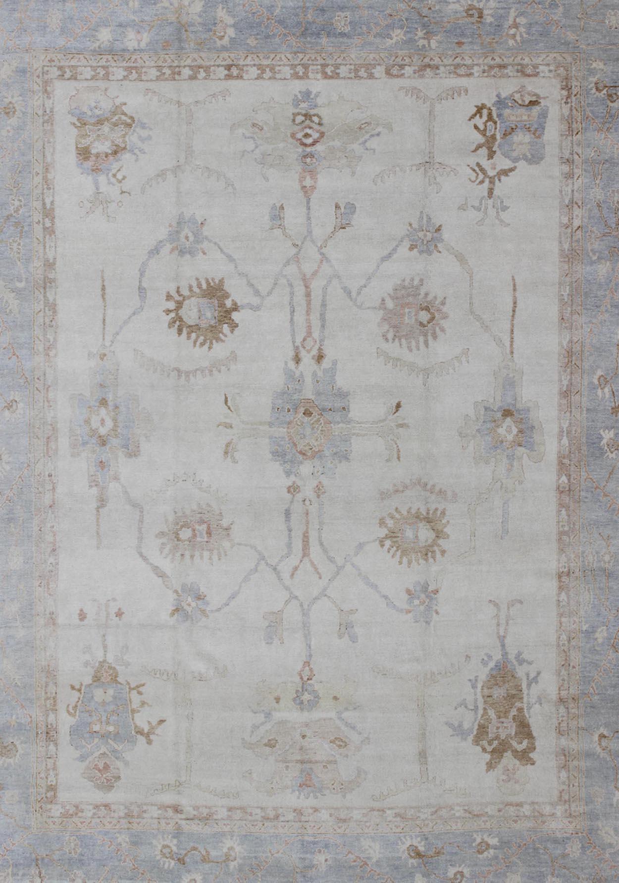Hand-Knotted Large Oushak Rug in Blue, Light Brown, and White