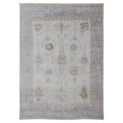 Large Oushak Rug in Blue, Light Brown, and White