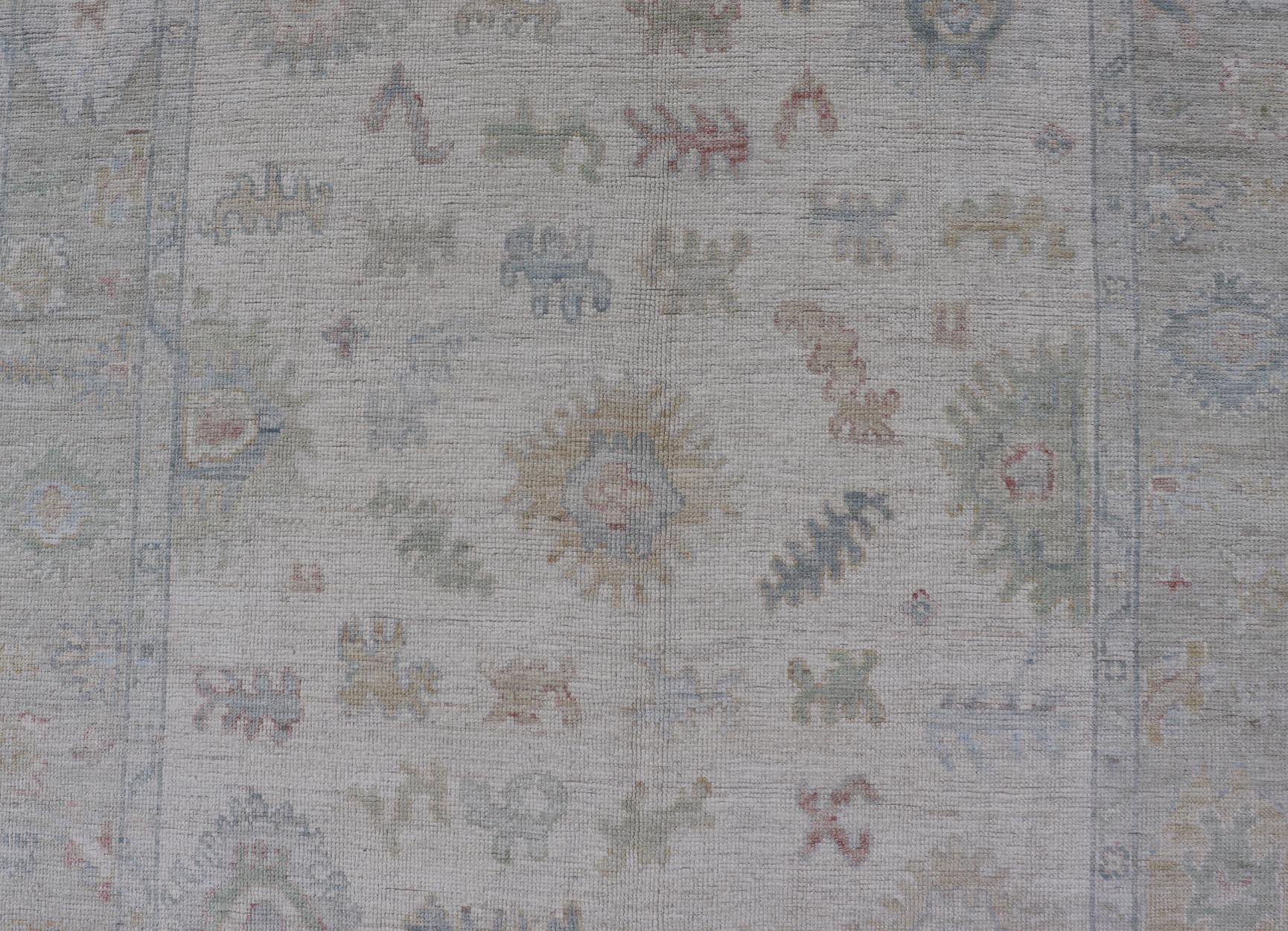 Large Oushak Rug with Floral Motifs & Muted Colorful Tones on Neutral Background For Sale 3