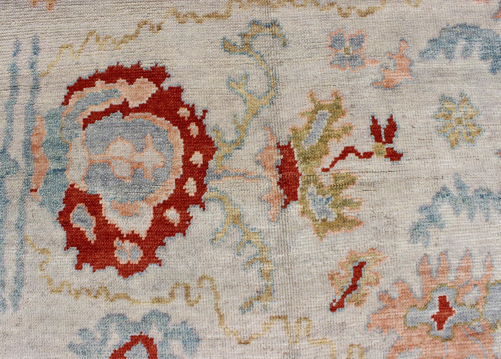 Large Oushak Turkish Rug with All Over Design in Light Blue, Ivory & Red For Sale 3