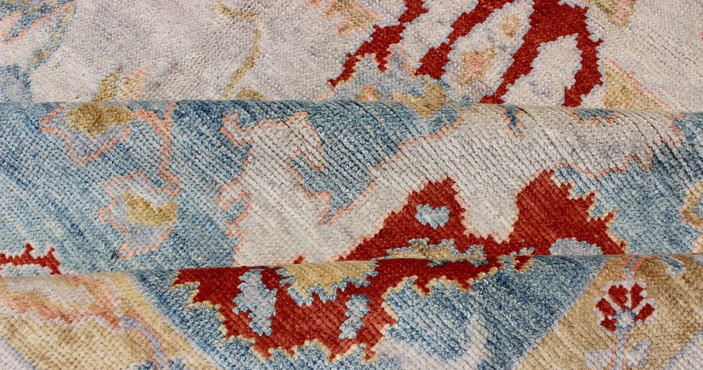 Large Oushak Turkish Rug with All Over Design in Light Blue, Ivory & Red For Sale 5