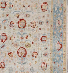 Large Oushak Turkish Rug with All Over Design in Light Blue, Ivory & Red