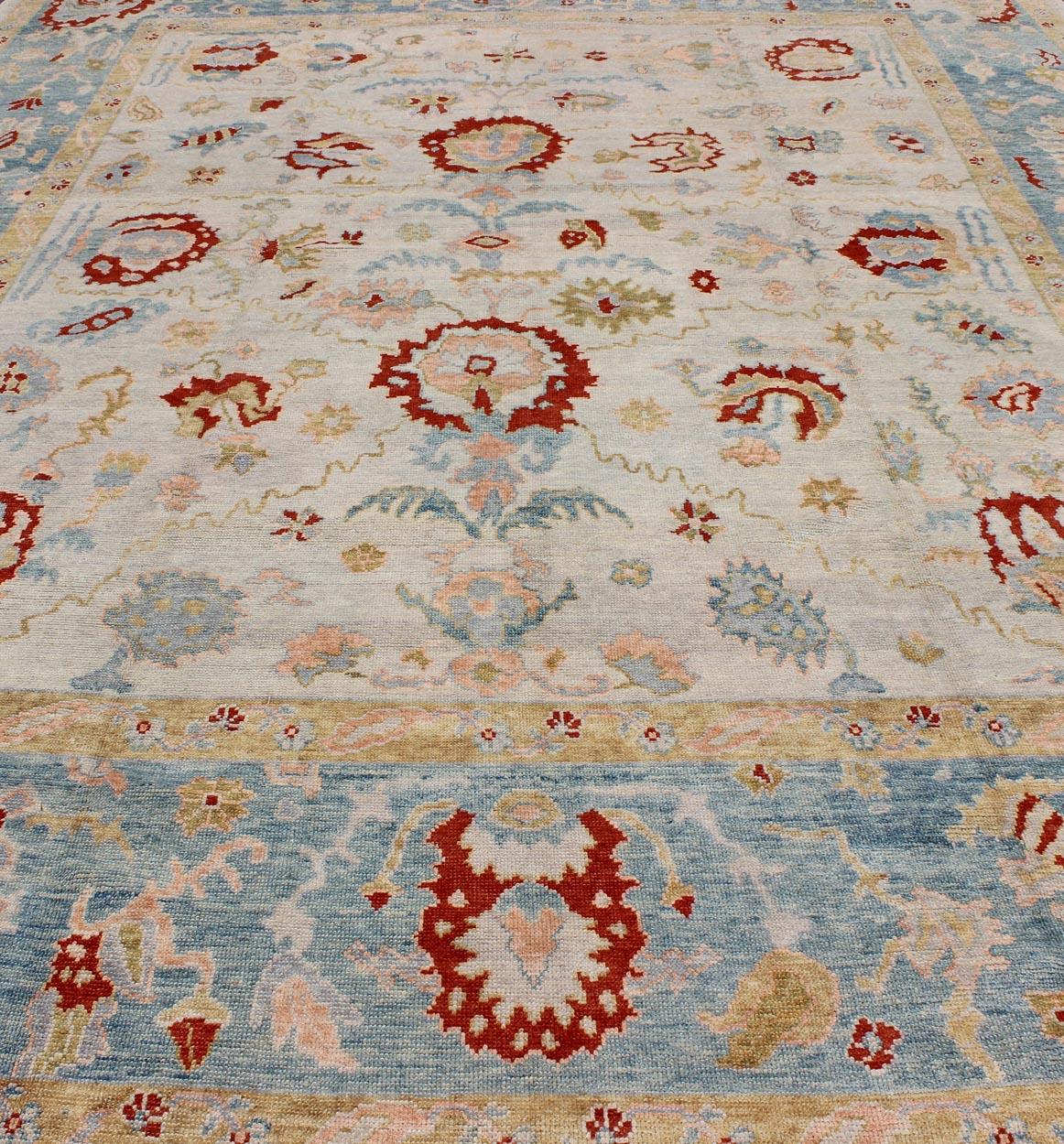 Contemporary Large Oushak Turkish Rug with All Over Design in Light Blue, Ivory & Red  For Sale