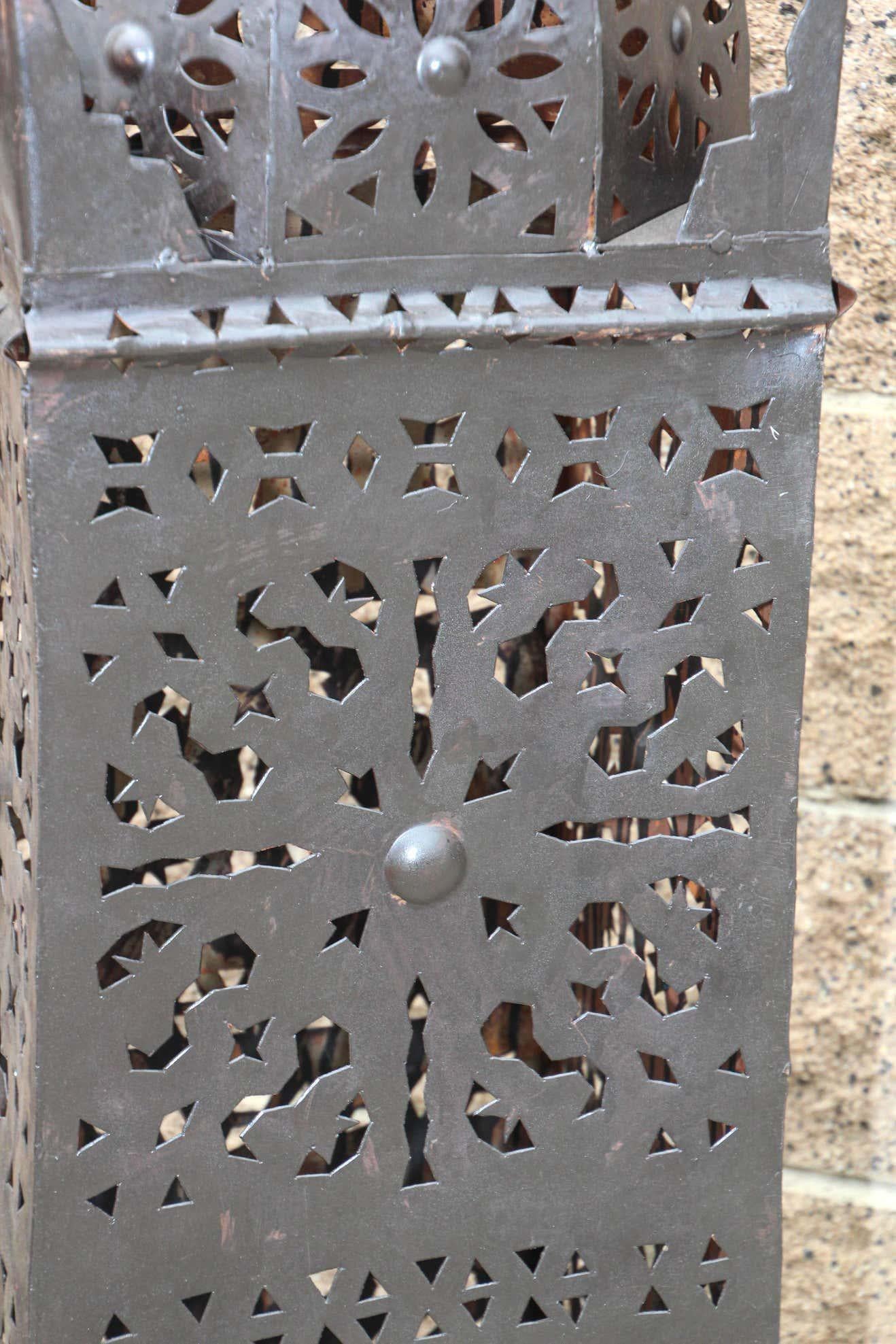 Hand-Crafted Large Outdoor Metal Moroccan Hurricane Candle Lantern For Sale