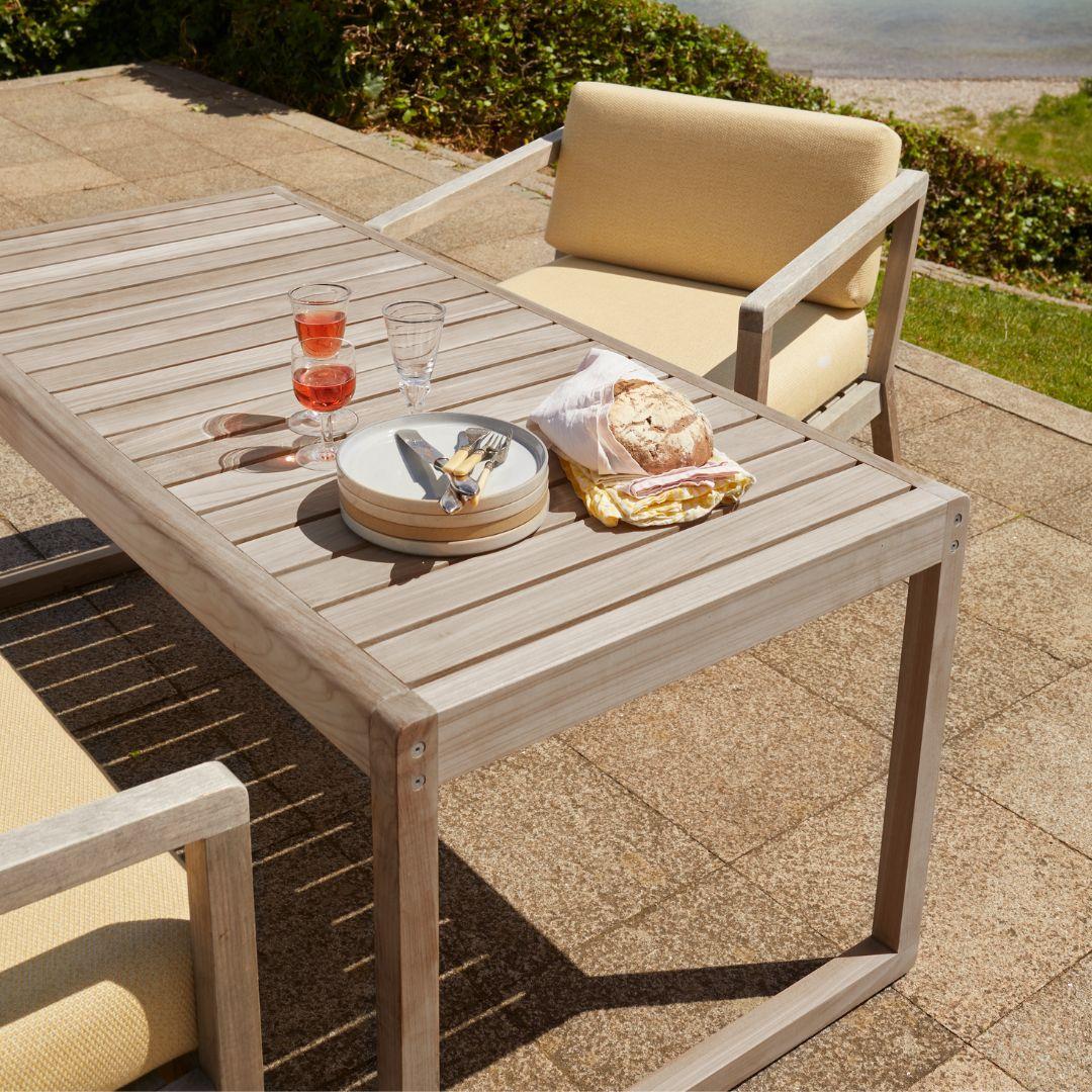 Large outdoor 'Virkelyst' dining table in teak for Skagerak

Skagerak was founded in 1976 by Jesper and Vibeke Panduro, who took inspiration from their love of Scandinavian design and its rich tradition. The brand emphasizes sustainability by