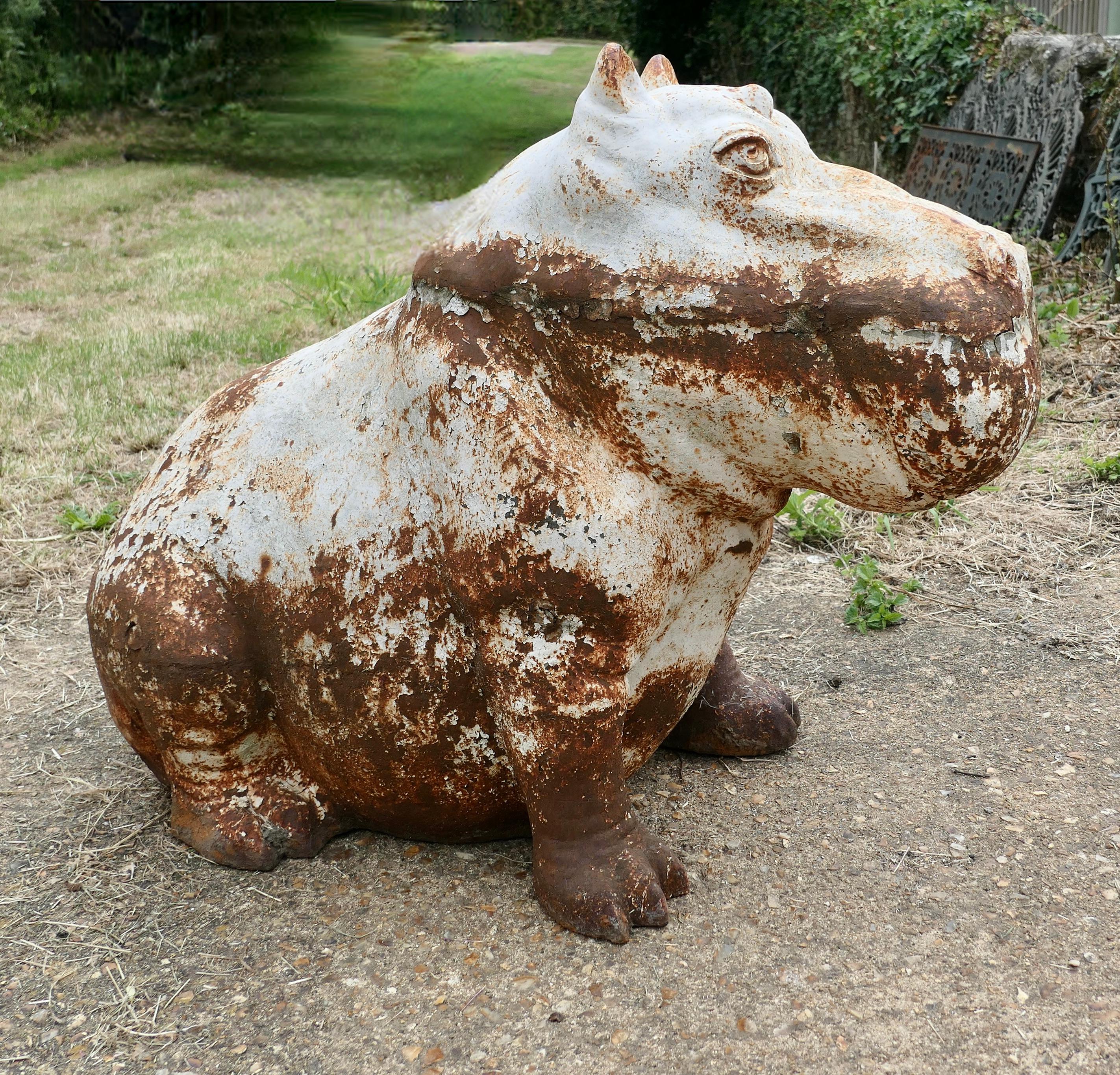 Folk Art Large Outdoor Weathered Cast Iron Hippopotamus   A Super chap  