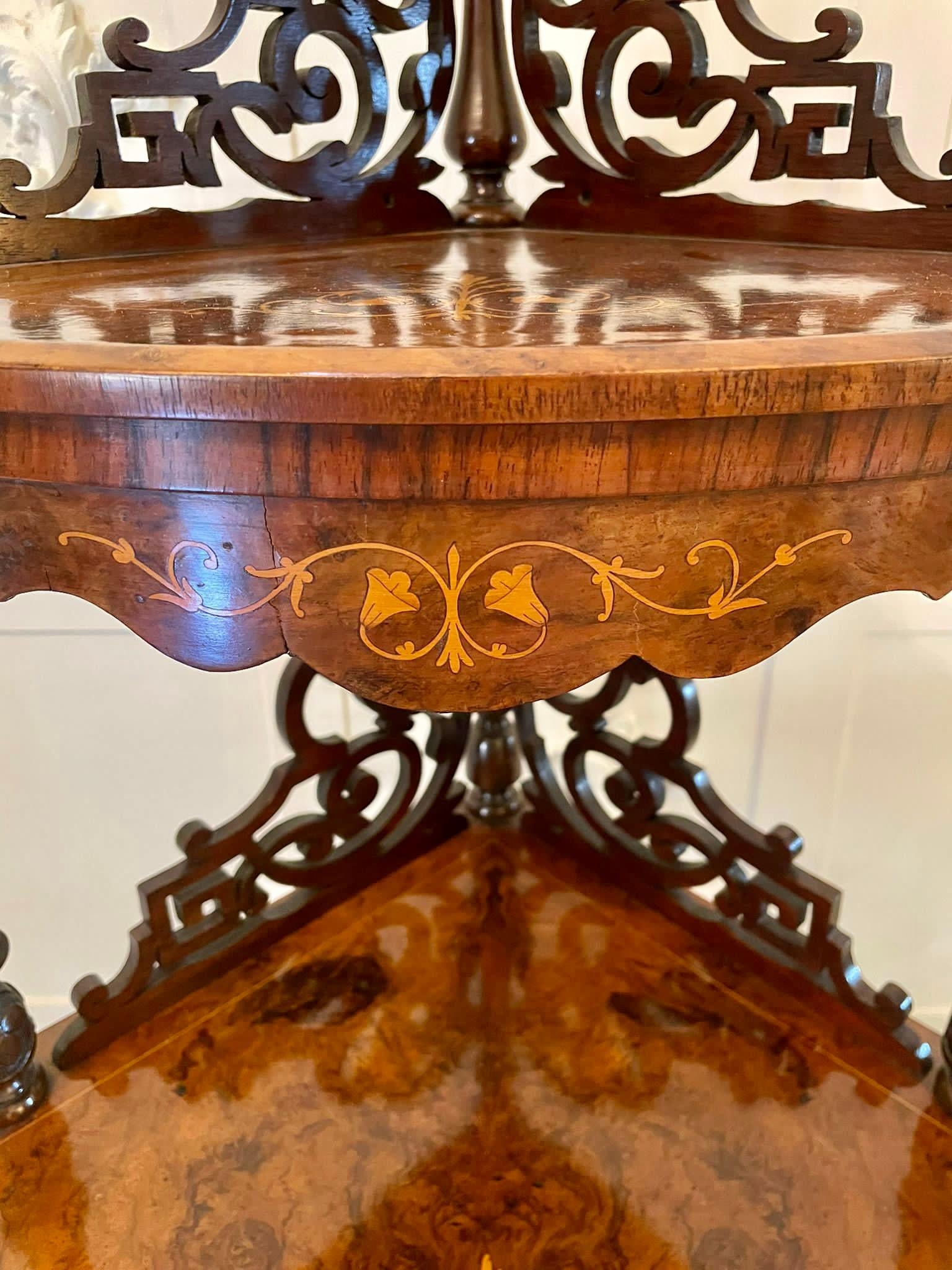 Large Outstanding Quality Antique Victorian Inlaid Burr Walnut Corner Whatnot For Sale 5