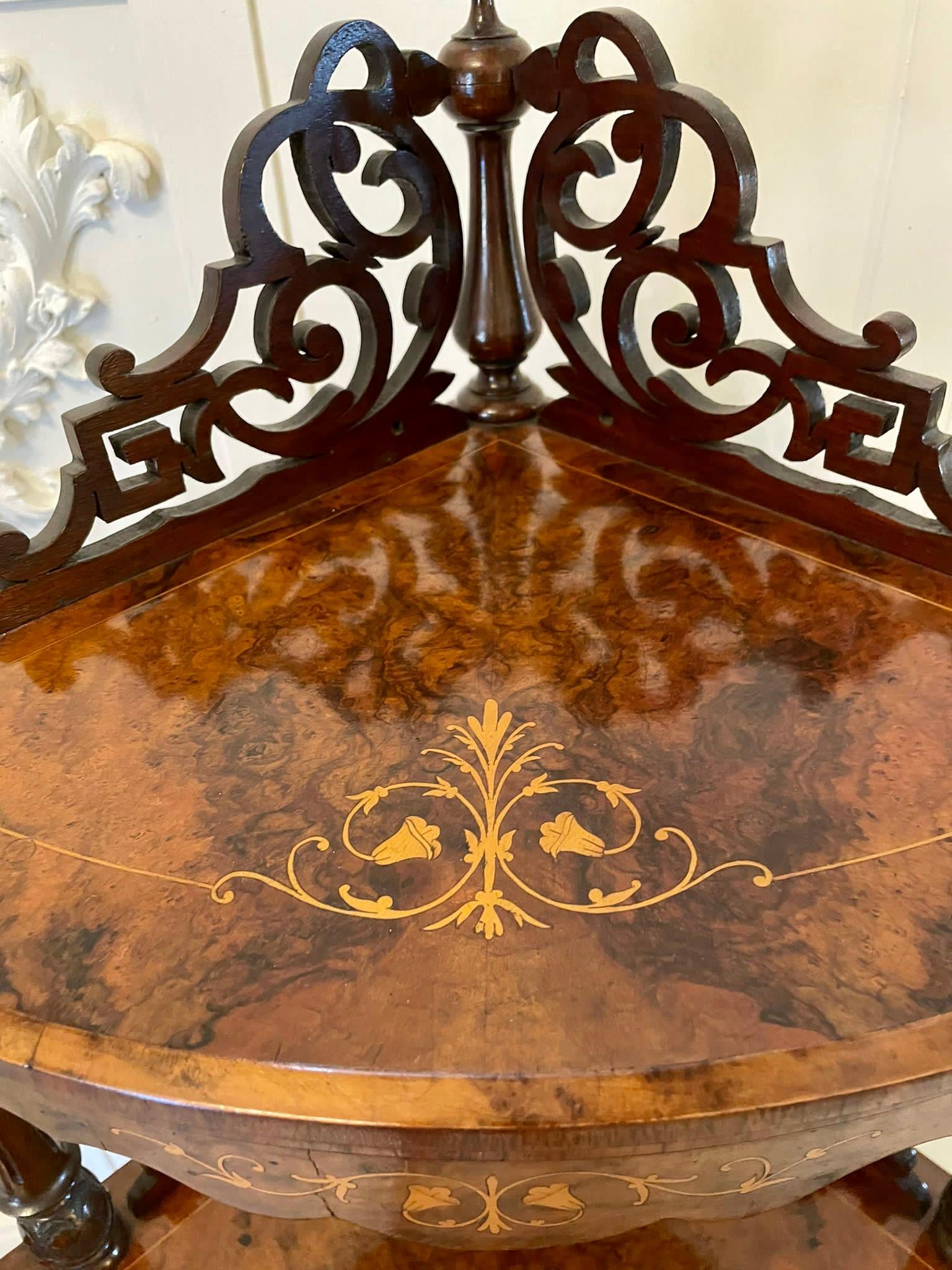 Large Outstanding Quality Antique Victorian Inlaid Burr Walnut Corner Whatnot For Sale 6