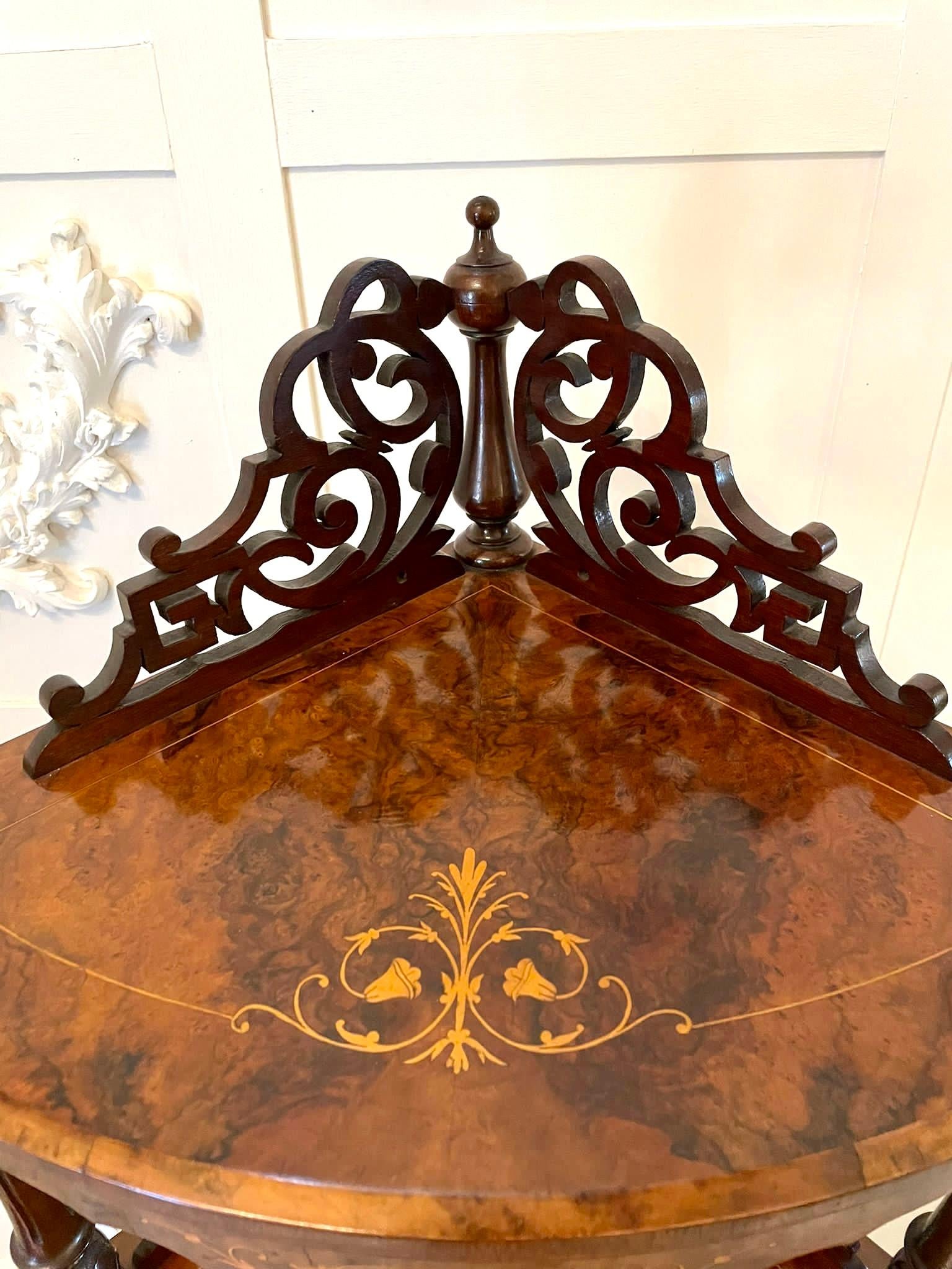 Large Outstanding Quality Antique Victorian Inlaid Burr Walnut Corner Whatnot For Sale 8