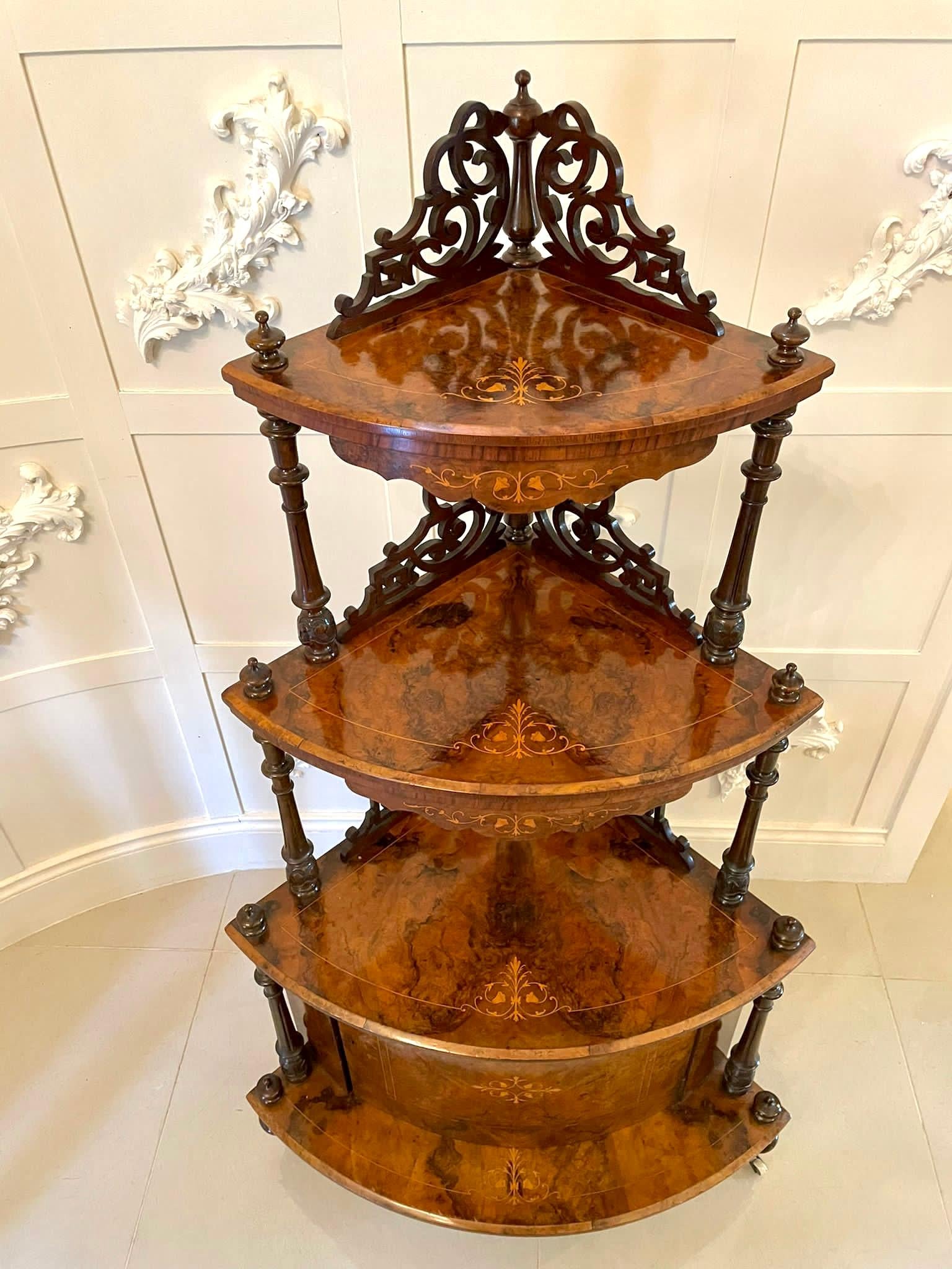 Large Outstanding Quality Antique Victorian Inlaid Burr Walnut Corner Whatnot For Sale 9