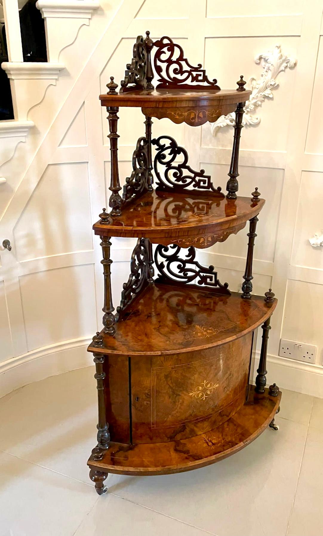 Large Outstanding Quality Antique Victorian Inlaid Burr Walnut Corner Whatnot For Sale 11