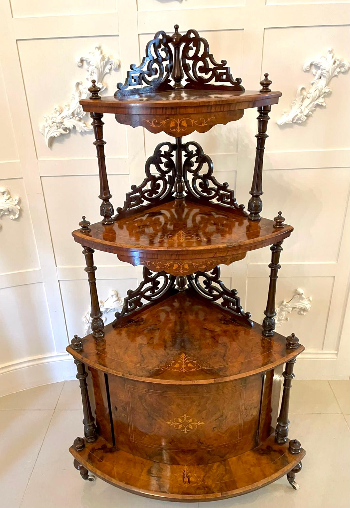 Large Outstanding Quality Antique Victorian Inlaid Burr Walnut Corner Whatnot For Sale 12