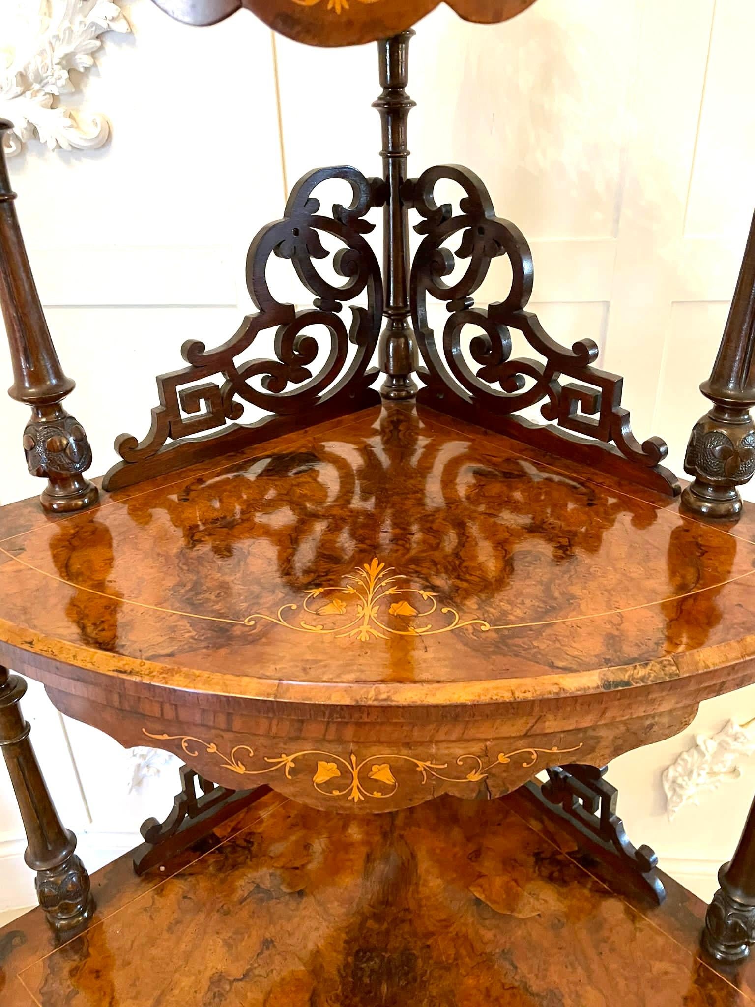 Large Outstanding Quality Antique Victorian Inlaid Burr Walnut Corner Whatnot For Sale 3