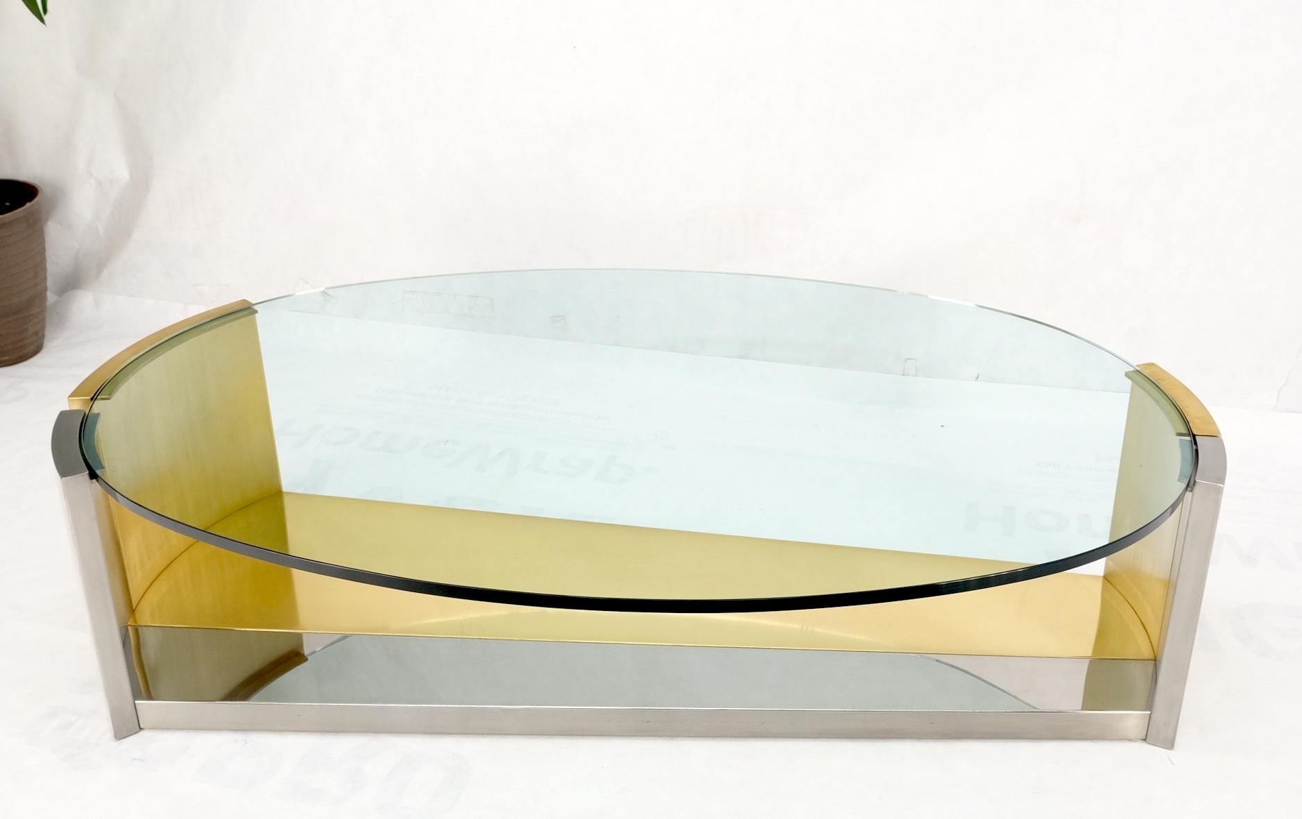 Large Oval Glass Top Brushed Stainless & Brass Base Coffee Table Nice For Sale 8