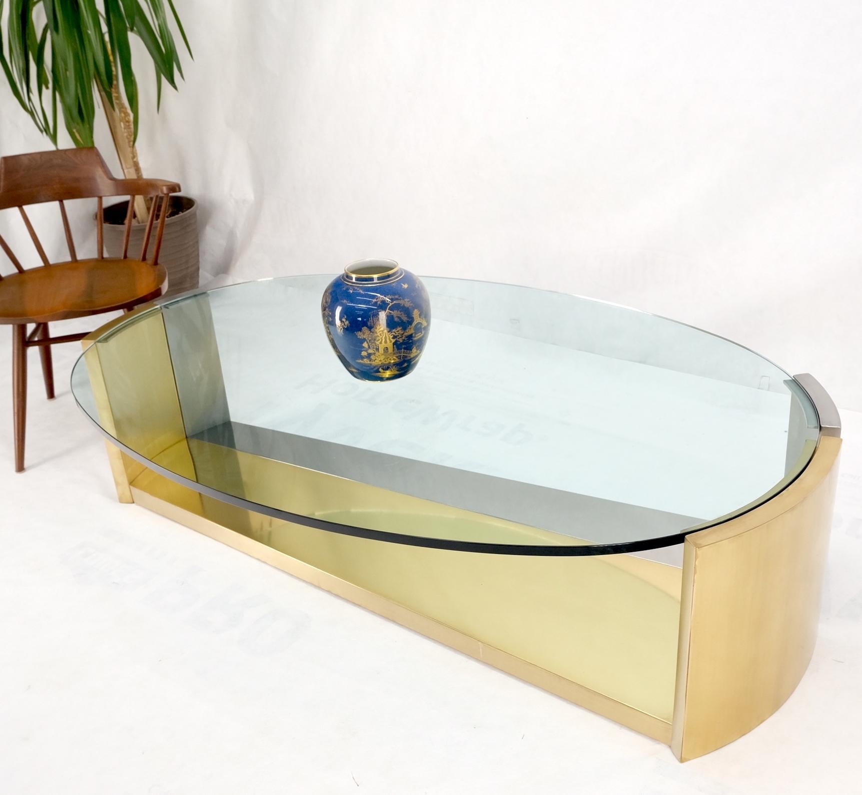 Large Oval Glass Top Brushed Stainless & Brass Base Coffee Table Nice For Sale 9