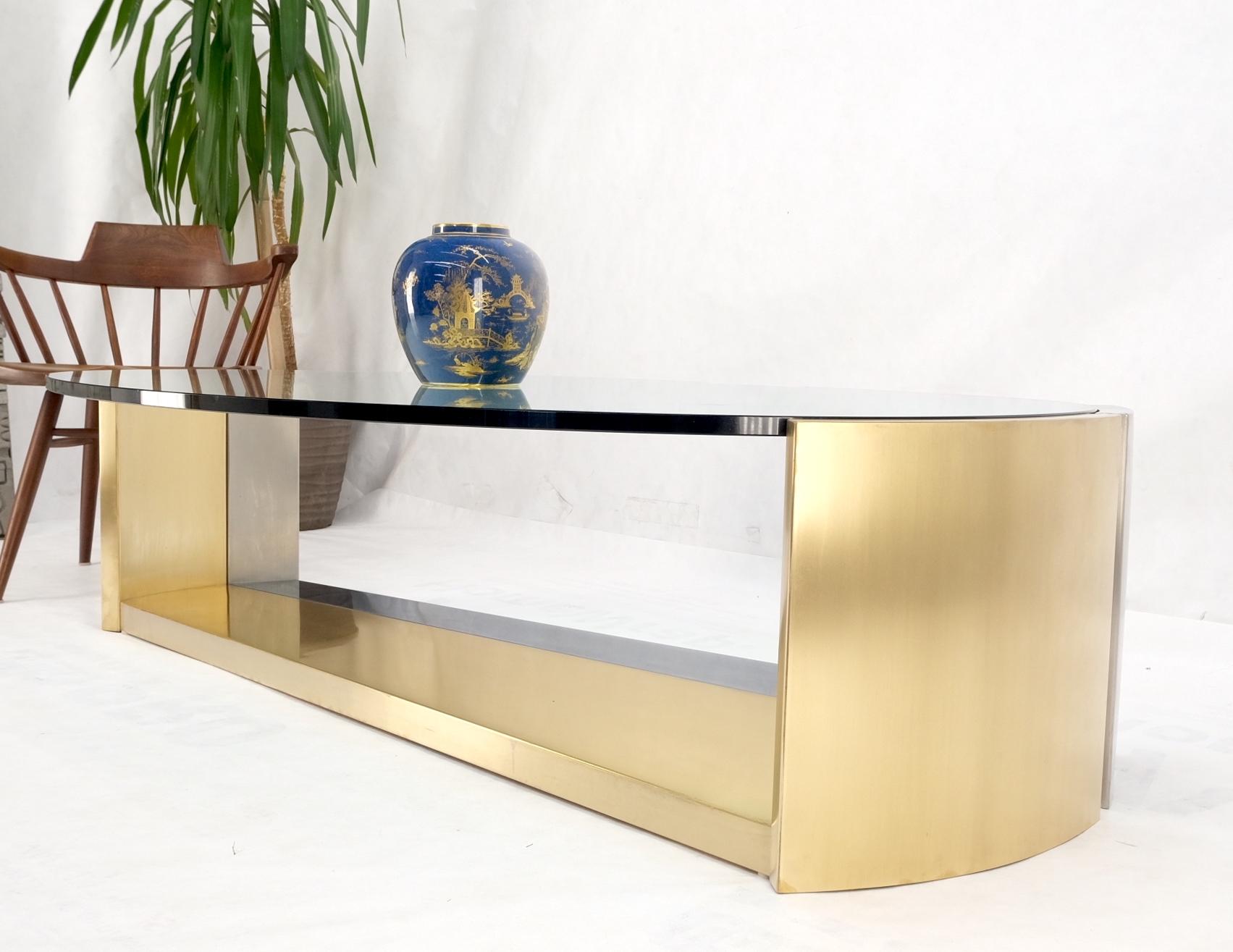 Large Oval Glass Top Brushed Stainless & Brass Base Coffee Table Nice For Sale 10